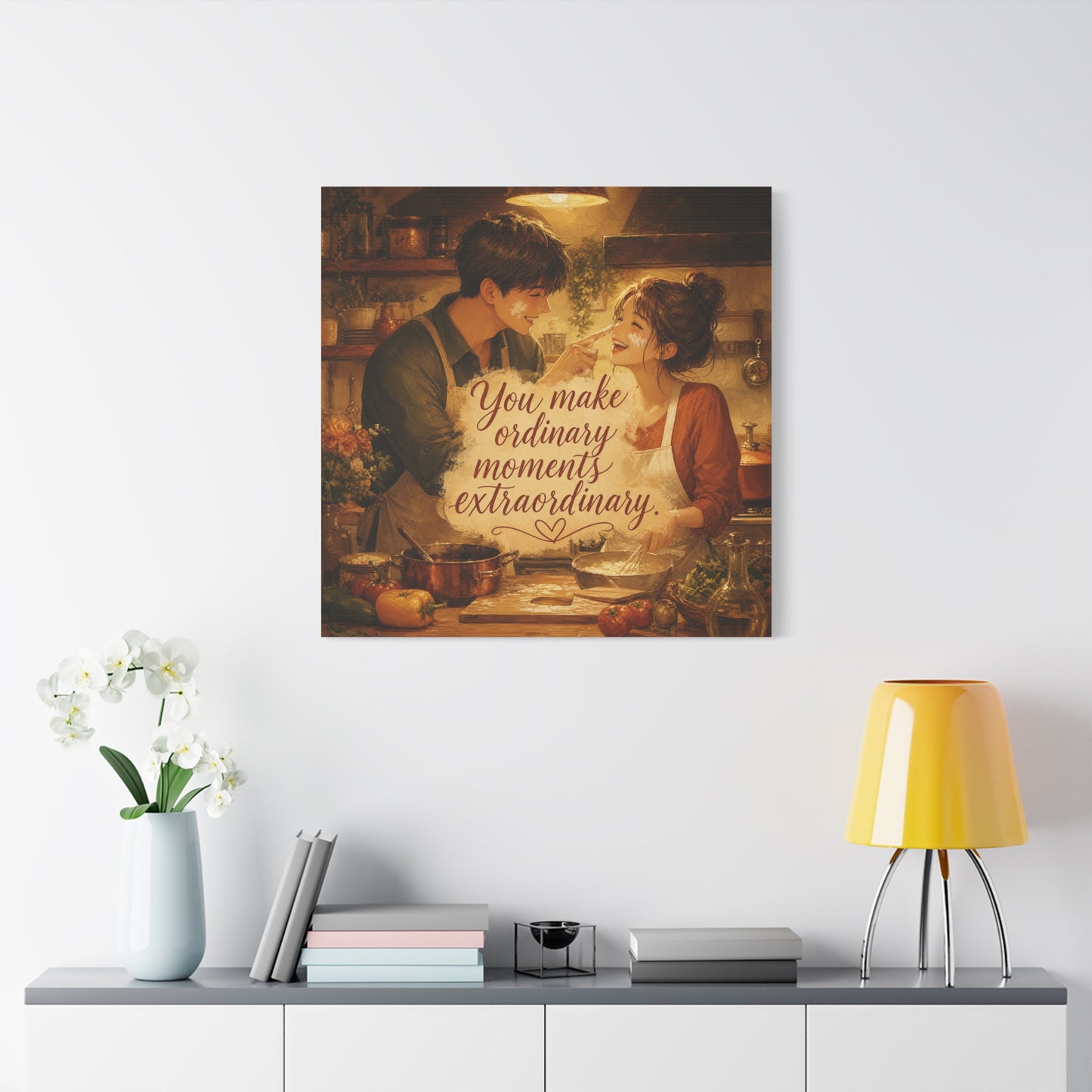 "You Make Ordinary Moments Extraordinary" Couple Canvas Wall Art - Romantic Kitchen Scene, Warm Vintage Illustration Print - Cozy Living Room Decor, Farmhouse Home Accent - Living Room Wall Decor