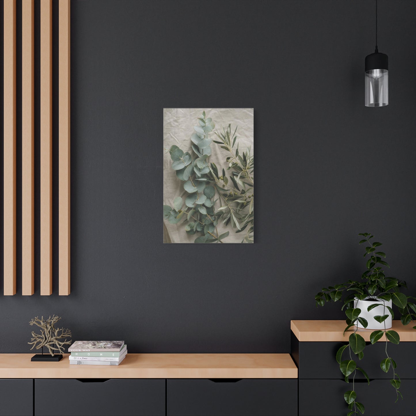 Eucalyptus And Olive Branch Canvas Wall Art - Botanical Still Life, Soft Sage Beige Tones - Matte Cotton Print, Minimalist Traditional Style - Bedroom Decoration, Spa Accent - Living Room Wall Decor