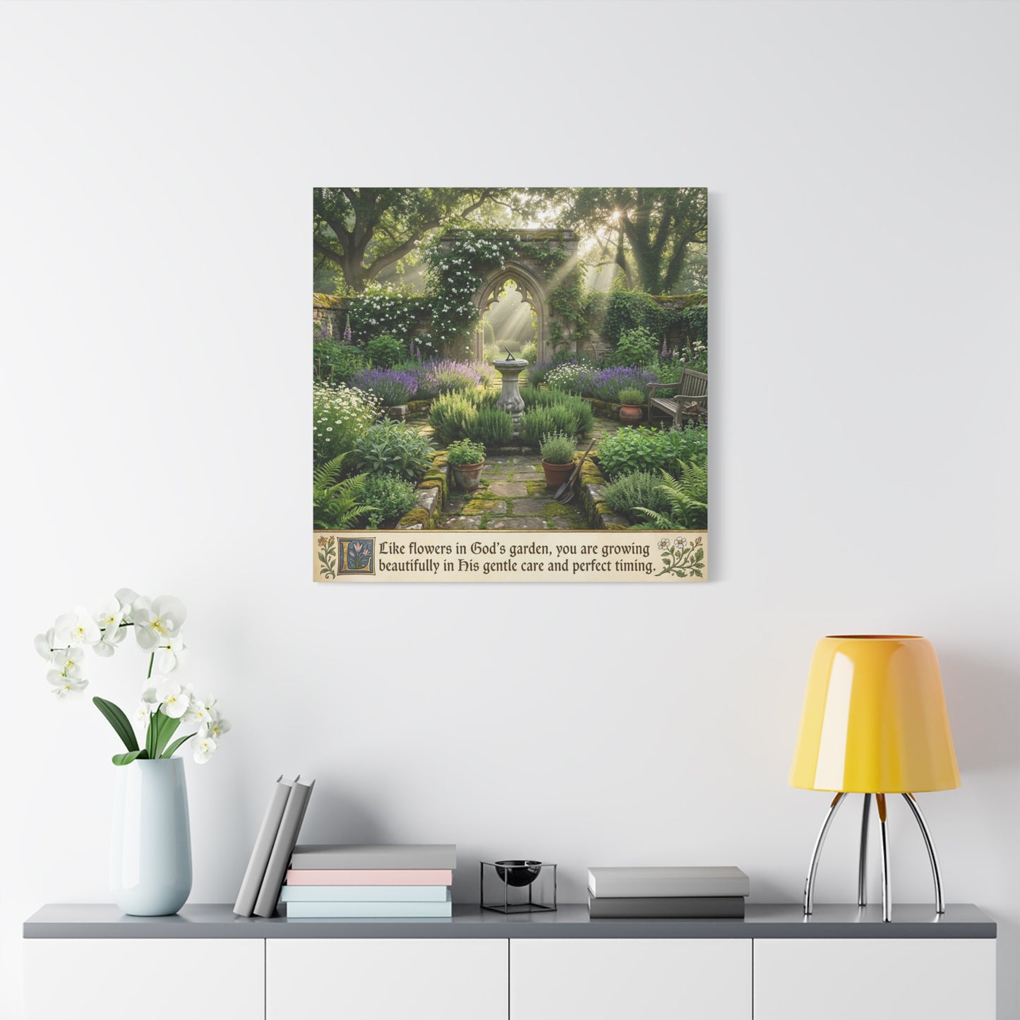"Like Flowers In God's Garden, You Are Growing Beautifully In His Gentle Care And Divine Timing" Canvas Wall Art - Sunlit Garden Arch, Botanical Landscape Print - Living Room Decor - Office Wall Art
