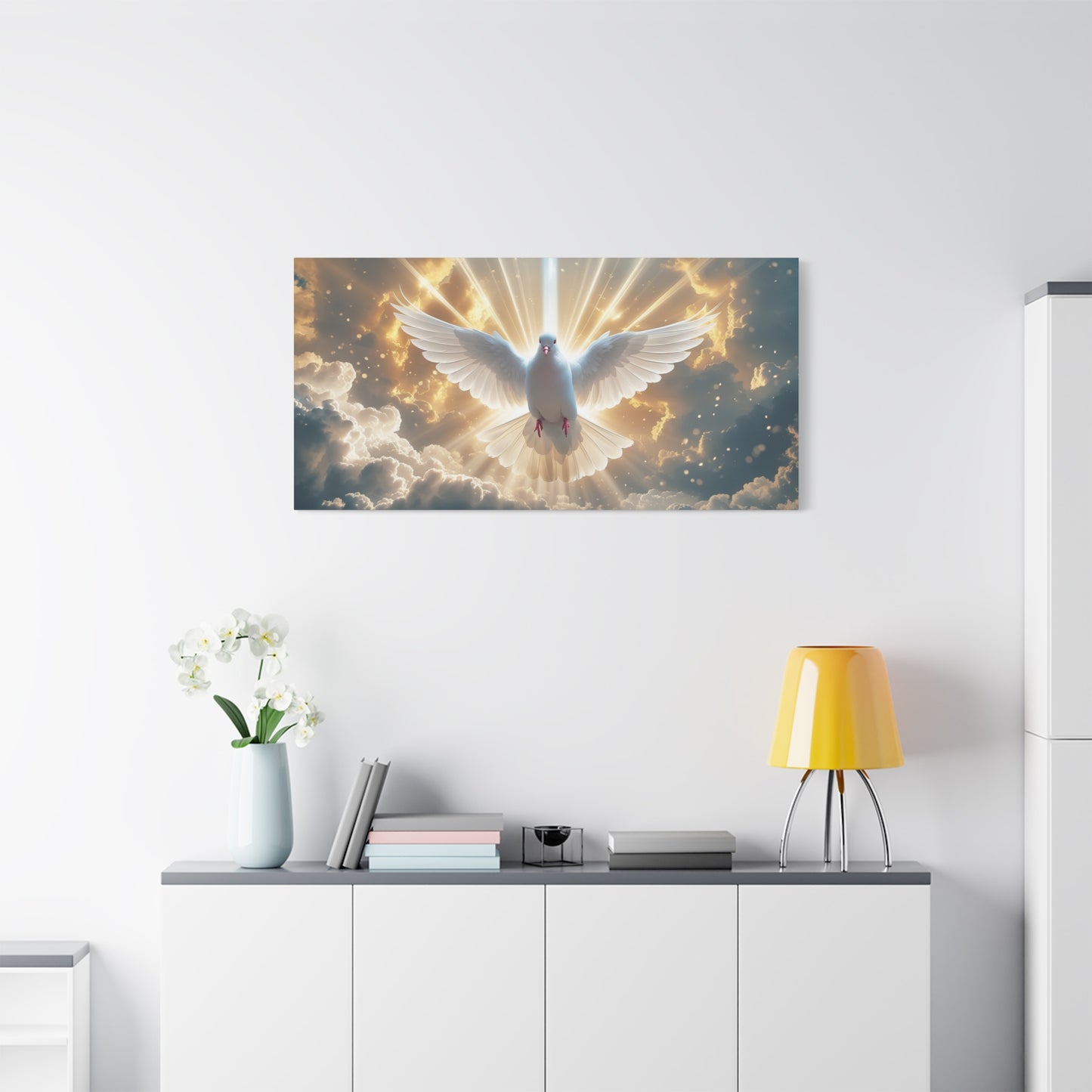 White Dove Canvas Wall Art - Holy Spirit Bird In Glowing Clouds, Radiant Sky Canvas Print - Golden Light Religious Decor - Living Room Home Decoration, Meditation Space Accent - Living Room Wall Decor