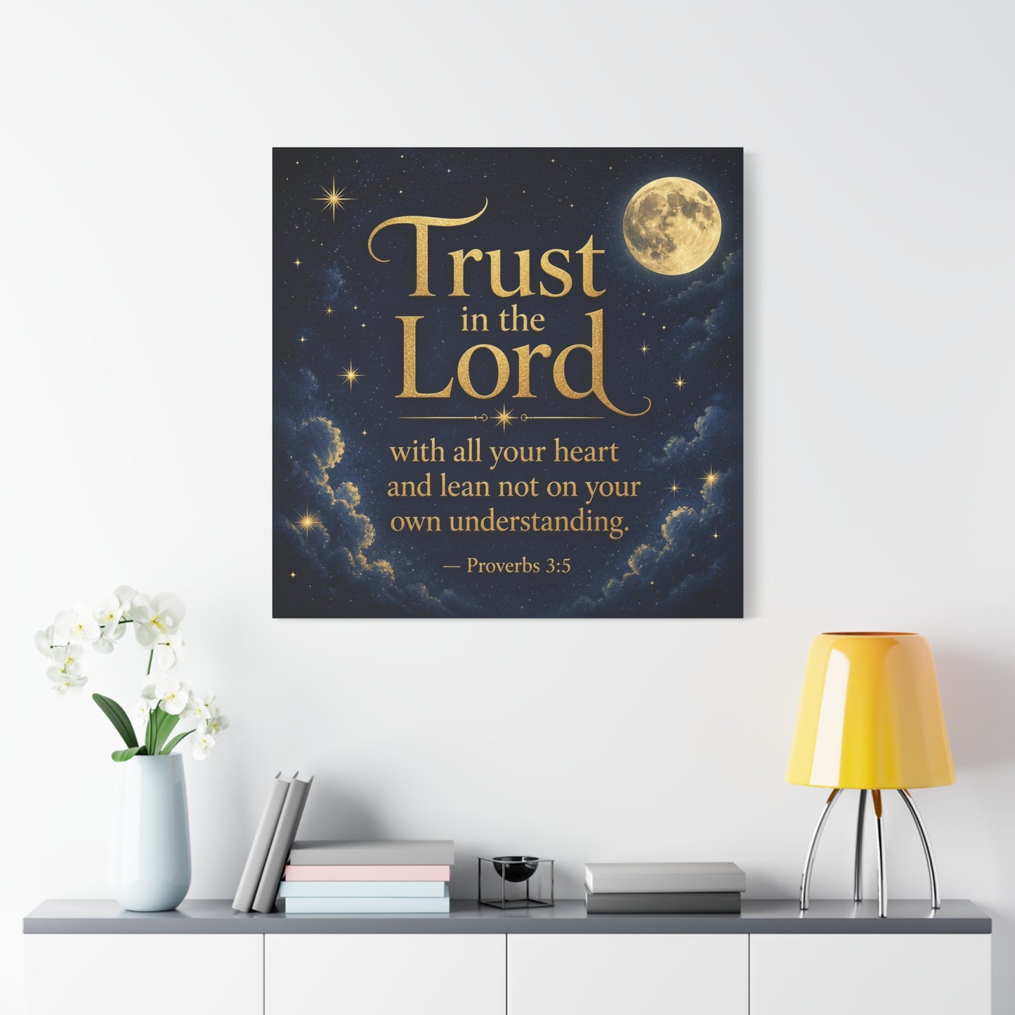 "Trust In The Lord" Bible Verse Canvas Wall Art - Moonlit Scripture Quote, Gold Typography, Christian Wall Decor - Traditional Night Sky Design - Bedroom Living Room Decoration - Ready to Hang