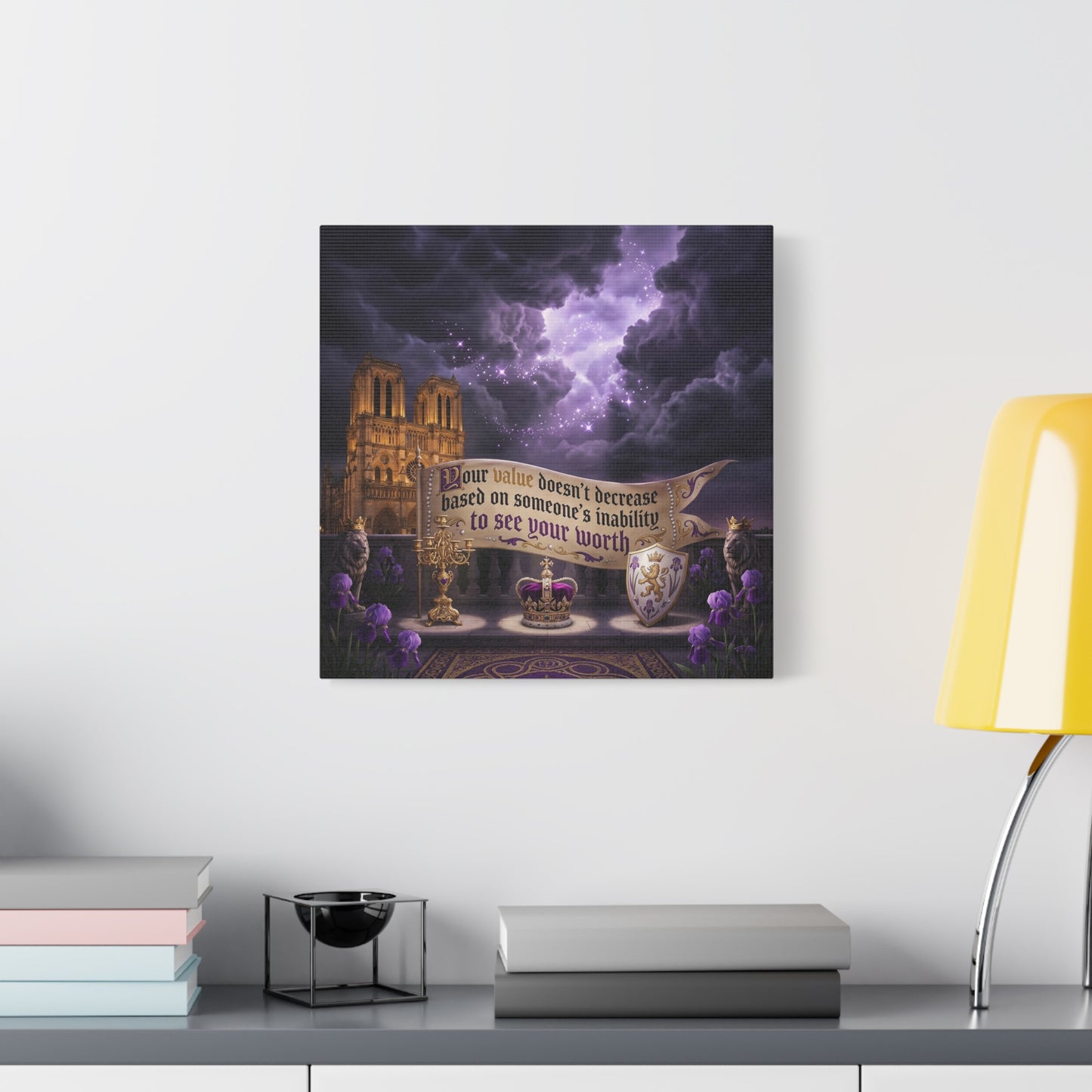 "Your Value Doesn't Decrease Based On Someone's Inability To See Your Worth" Canvas Wall Art - Gothic Cathedral, Purple Sky, Crown And Lions - Inspirational Home Decor - Living Room Bedroom