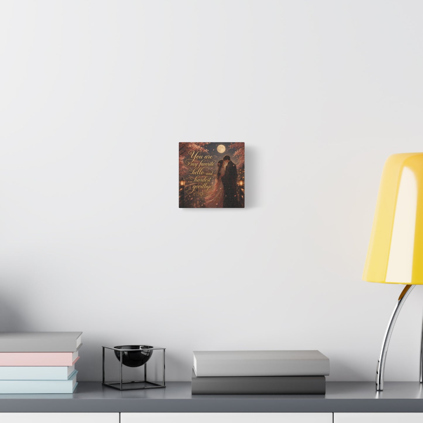 "You Are My Favorite Hello And Hardest Goodbye" Romantic Canvas Wall Art - Moonlit Cherry Blossom Couple, Gold Script Quote Print - Traditional Love Decor, Bedroom Wall Hanging - Cozy Reading Nook Art