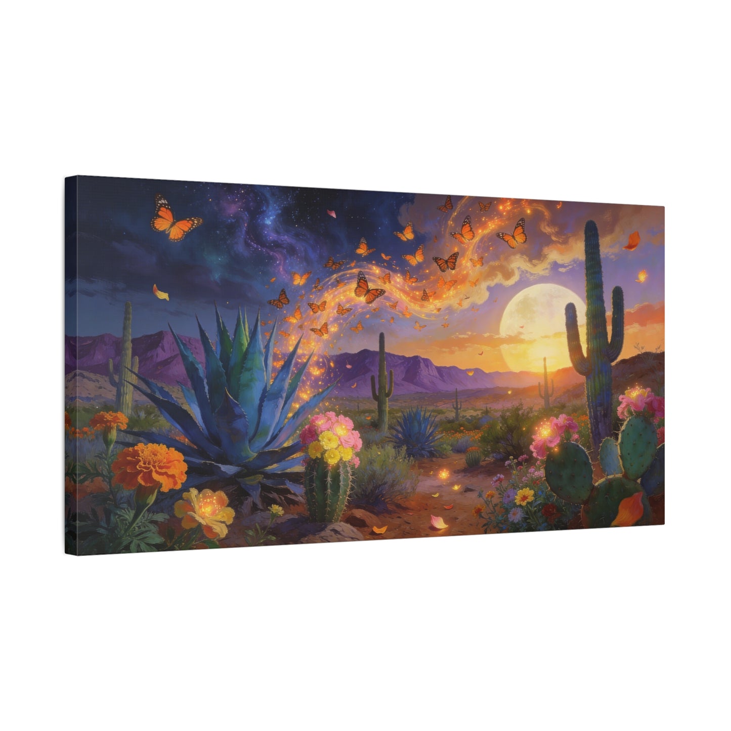 Desert Butterfly Canvas Wall Art - Moonlit Cactus Landscape, Agave And Wildflowers - Surreal Southwestern Style - Cotton Canvas Print - Living Room Wall Decor, Bedroom Accent - Bedroom Home Decoration
