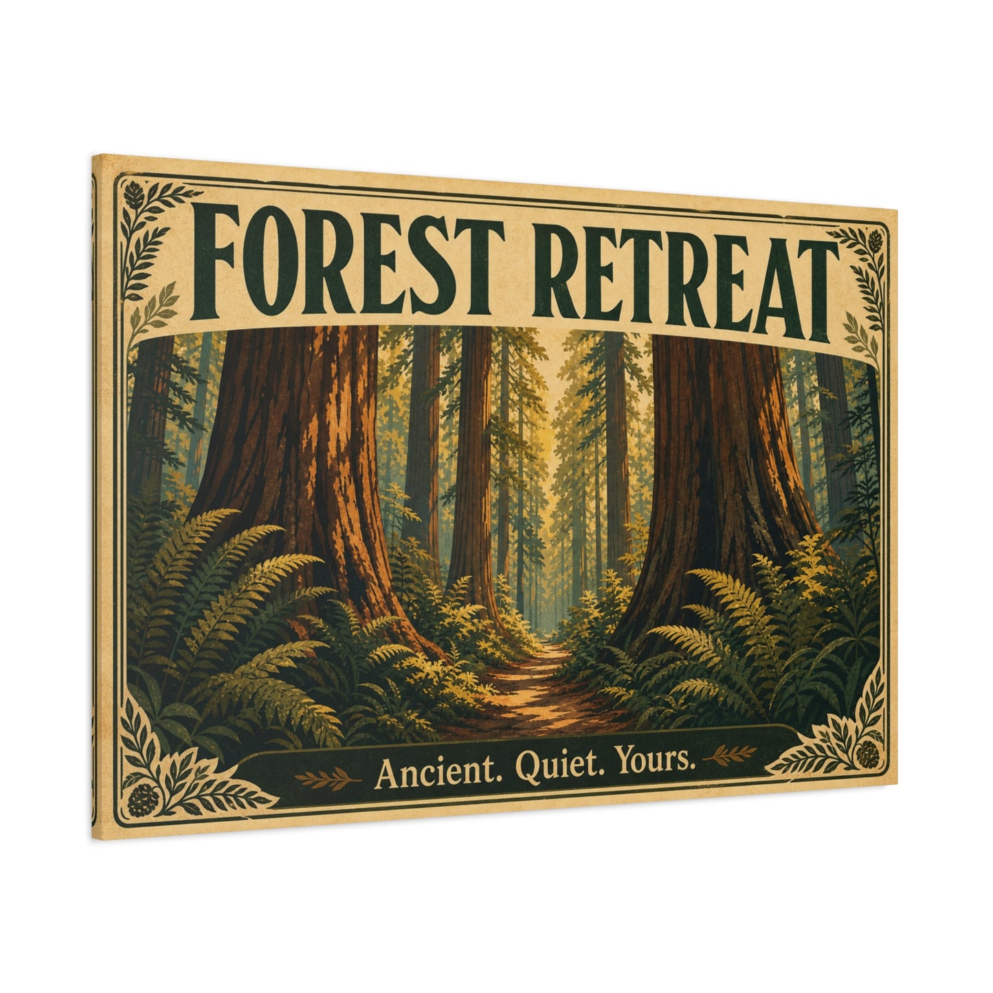 "Forest Retreat" Canvas Wall Art - Vintage Redwood Forest Path Print, Rustic Woodland Home Decor - Ancient. Quiet. Yours. - Cabin Style Living Room Decoration, Bedroom Wall Hanging - Ready to Hang