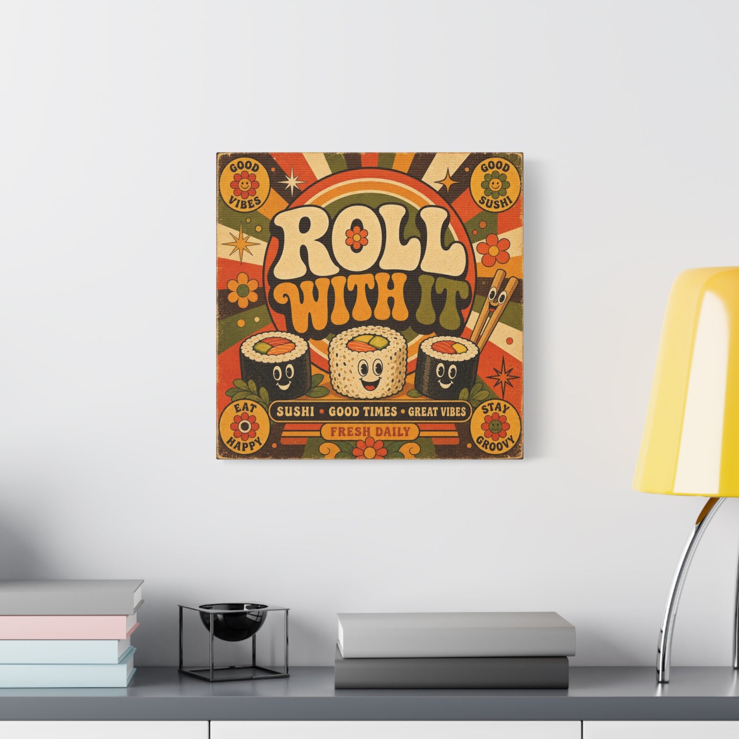 "Roll With It" Sushi Canvas Wall Art - Retro Typography Food Illustration, Groovy Orange Green Bohemian Print, Cafe Wall Decor, Kitchen Room Decoration, Vintage Poster Style - Bedroom Home Decoration
