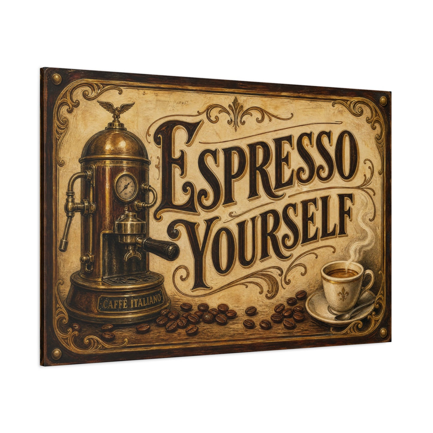"Espresso Yourself" Coffee Canvas Wall Art - Vintage Espresso Machine, Cafe Decor - Matte Cotton Print, Rustic Farmhouse Style - Ready to Hang - Coffee Shop Decor - Cafe Wall Art - Matte Finish Print