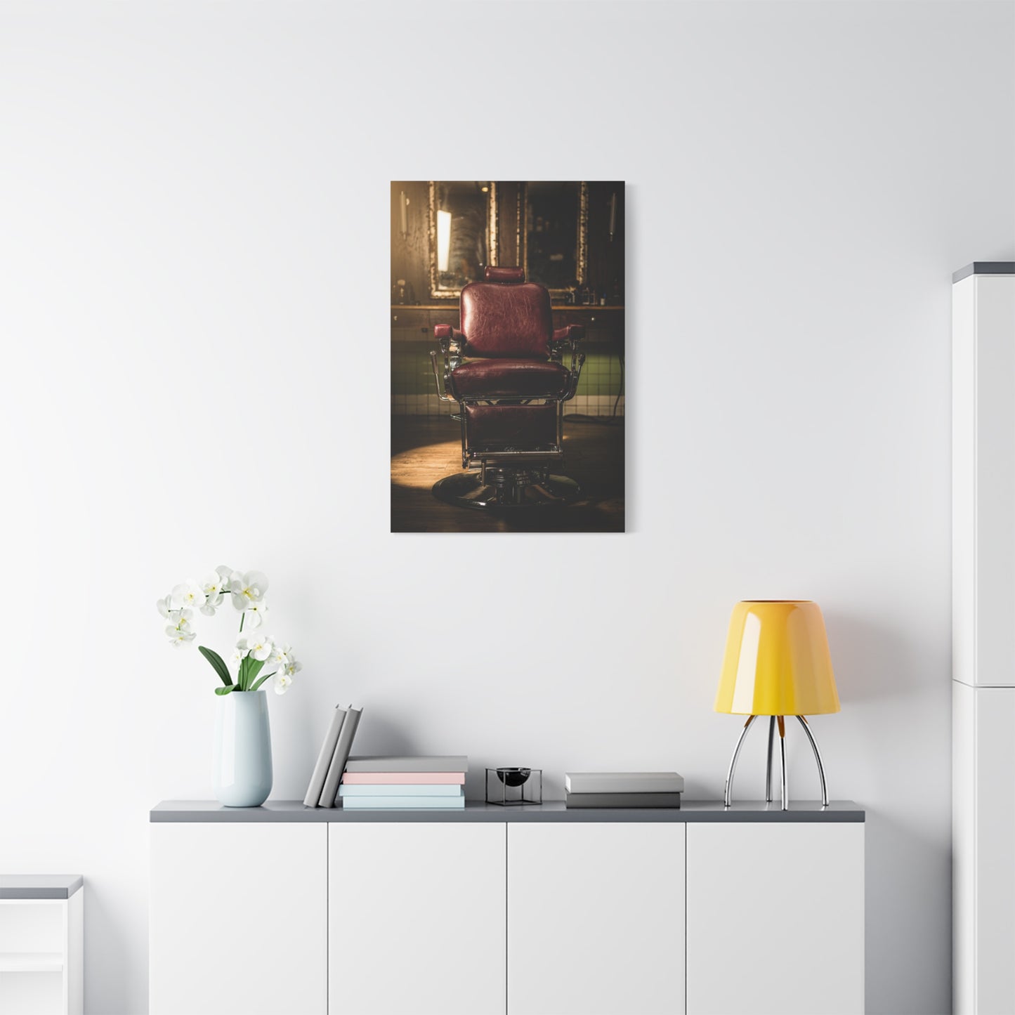 Vintage Barber Chair Canvas Print - Moody Barbershop Interior Art Print, Burgundy Leather Seat, Warm Cinematic Lighting - Rustic Contemporary Decor - Salon Wall Accent, Home Office Display