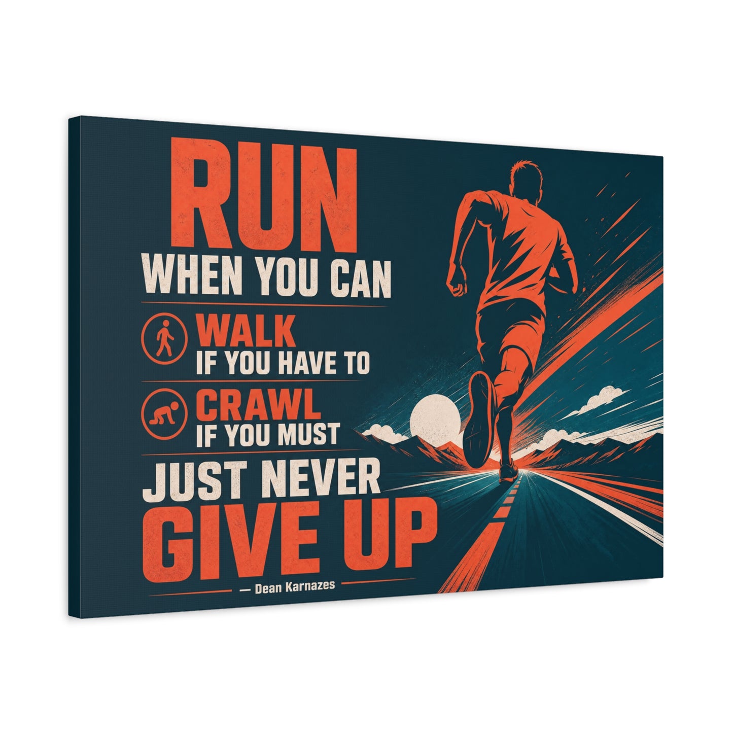 "Run When Able Walk If Needed Crawl If Required Just Never Give Up" Motivational Canvas Wall Art - Runner Road Quote Print, Retro Typography, Gym Wall Hanging - Ready to Hang - Fitness Studio Art