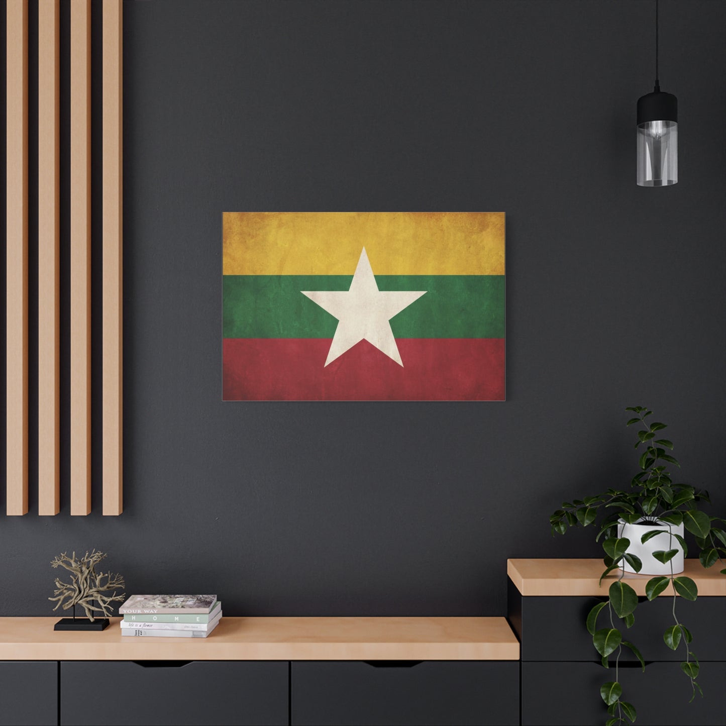 Myanmar Flag Canvas Wall Art - Vintage Burma Star Print, Patriotic Country Pride Decor - Distressed Tricolor Artwork - Living Room Wall Decor, Office Accent - Bedroom Home Decoration - Ready to Hang