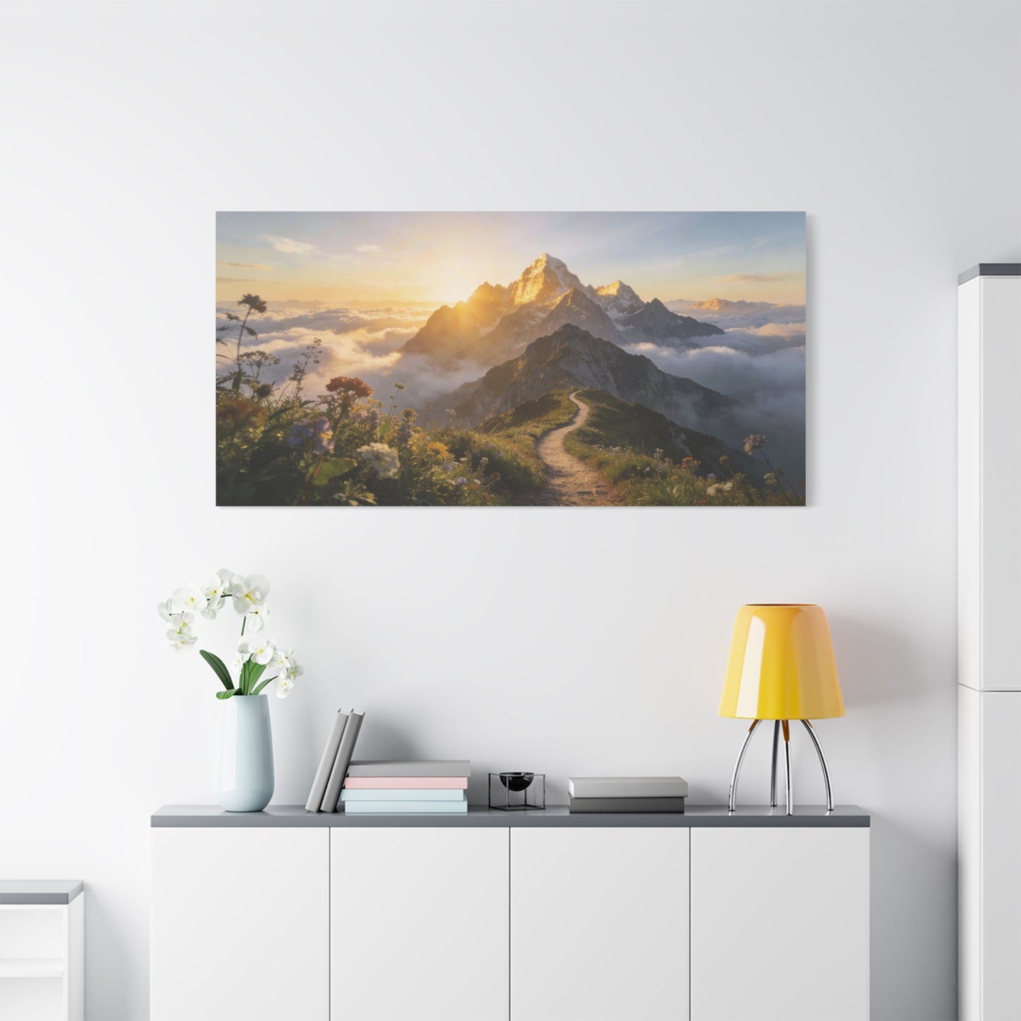 Mountain Sunrise Canvas Wall Art - Alpine Path, Wildflower Meadow, Golden Peak Landscape Print - Matte Scenic Nature Decor - Living Room Wall Decor, Bedroom Home Decoration - Bedroom Home Decoration