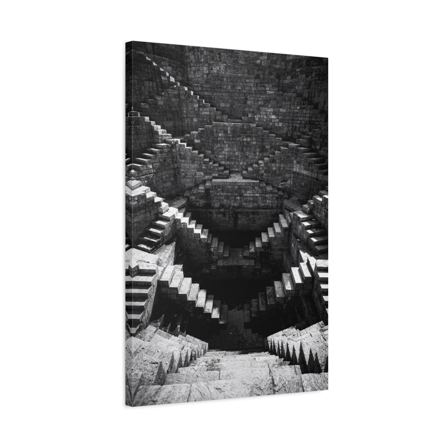 Black And White Stepwell Canvas Wall Art - Architectural Staircase Art Print, Moody Monochrome Stone Geometry - Contemporary Wall Decor For Living Room, Office, Entryway - Ready to Hang