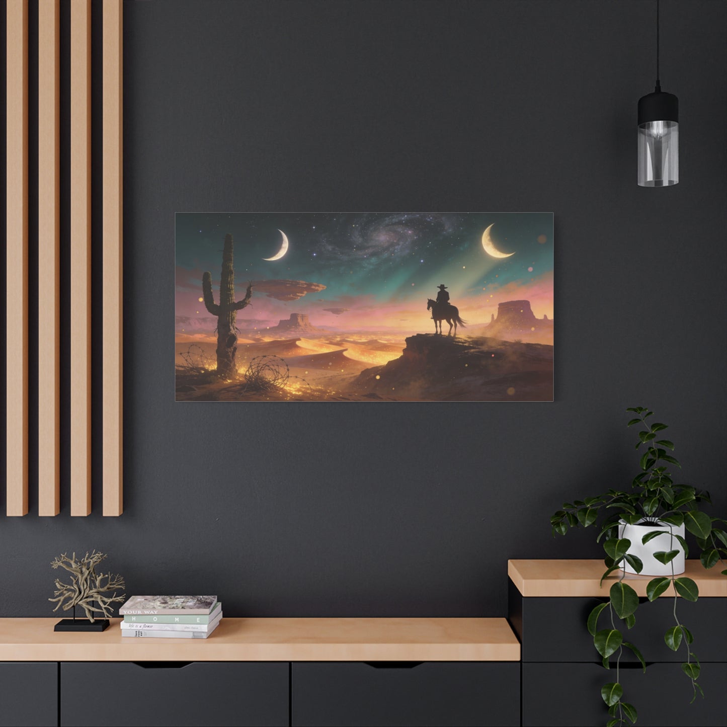 Surreal Desert Cowboy Canvas Wall Art - Crescent Moons, Galaxy Sky, Saguaro Silhouette - Matte Cotton Art Print - Contemporary Western Style, Living Room Wall Decor, Office Accent - Ready to Hang