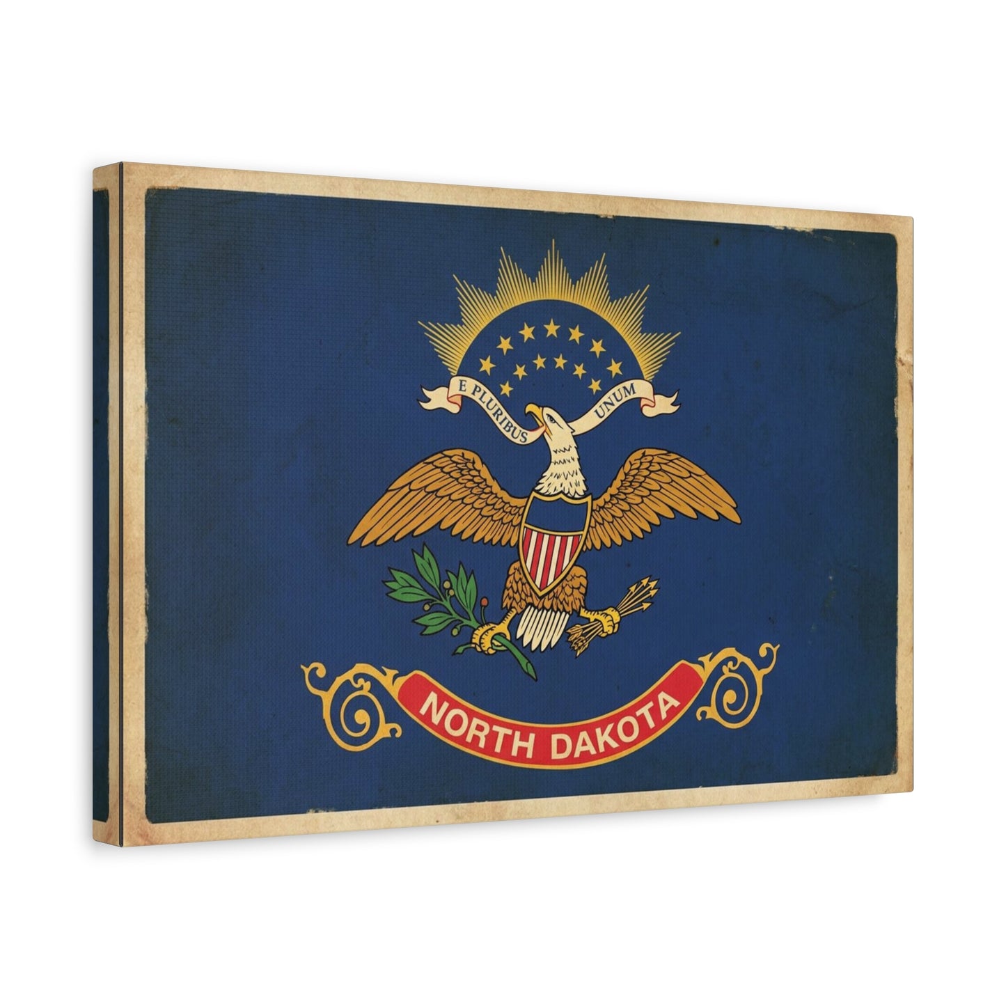 North Dakota Flag Canvas Wall Art - E Pluribus Unum Vintage State Banner Print - Patriotic Blue Eagle Emblem Decor - Rustic Americana Style - Ready to Hang - Living Room Wall Decor - Ready to Hang