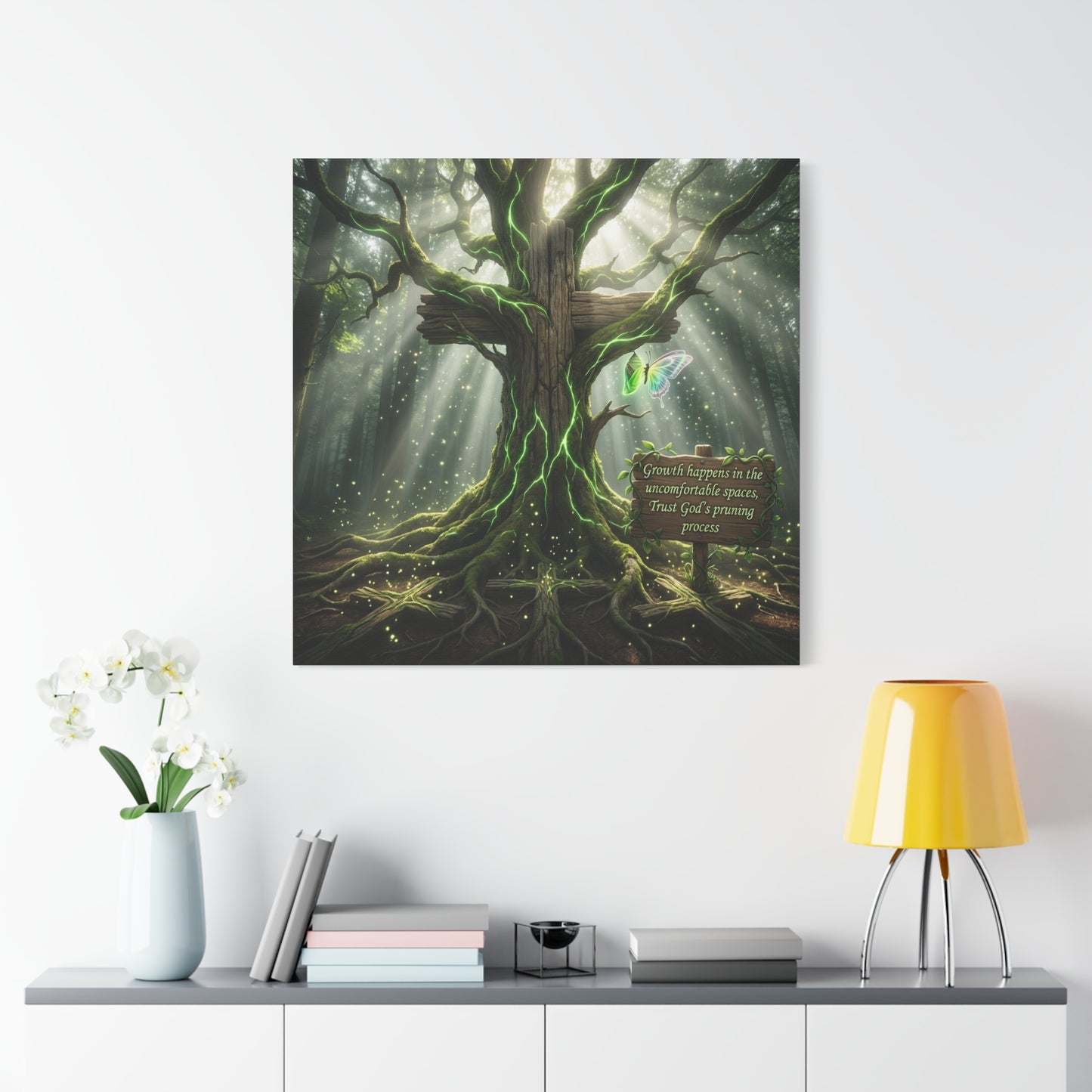 "Growth Happens In The Uncomfortable Spaces, Trust God's Pruning Process" Christian Canvas Wall Art - Forest Tree Cross, Butterfly - Inspirational Rustic Decor - Living Room Wall Decor - Ready to Hang