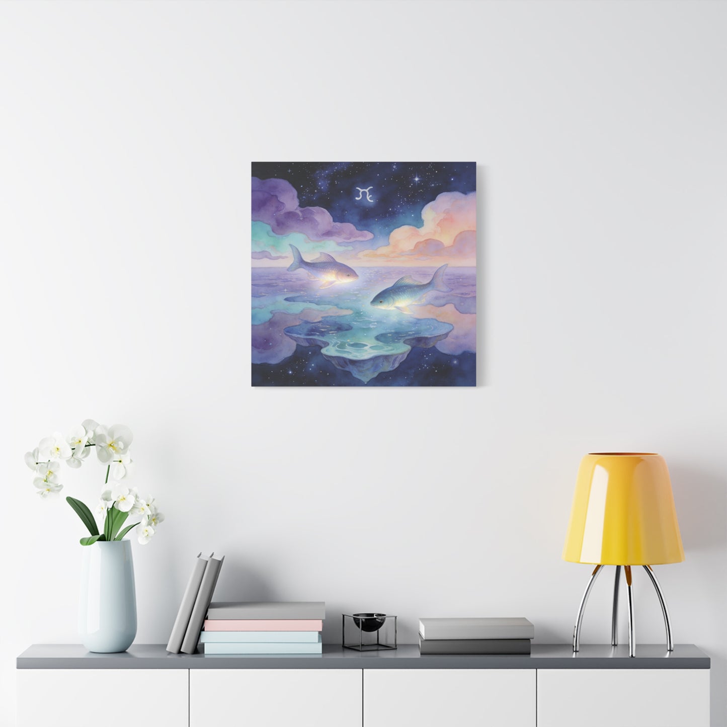 Pisces Zodiac Canvas Wall Art - Celestial Fish Over Dreamlike Sea, Watercolor Illustration - Mystical Night Sky, Matte Canvas Print - Bedroom Wall Decor, Meditation Space Accent - Ready to Hang