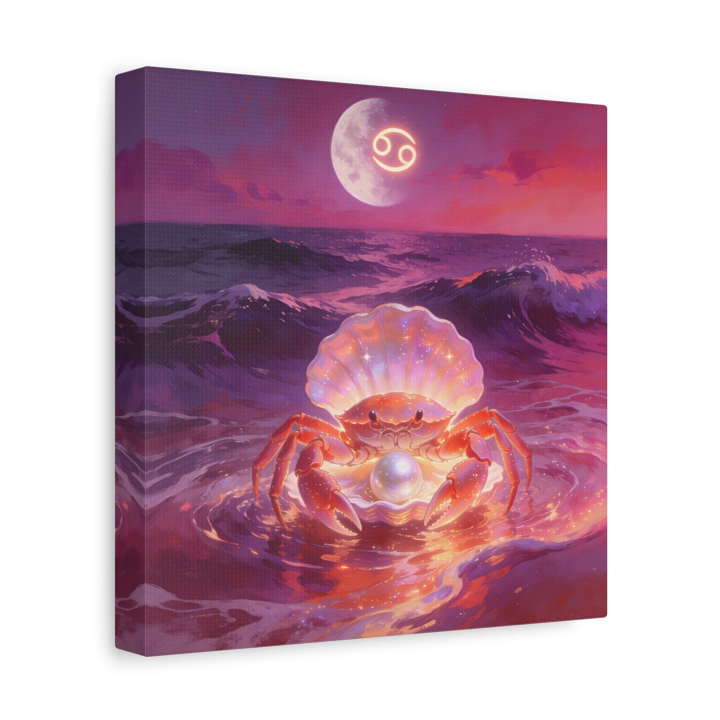 Cancer Zodiac Crab Canvas Wall Art - Moonlit Ocean Pearl Illustration, Pink Purple Seascape - Surreal Coastal Style - Living Room Wall Decor, Bedroom Home Decoration - Bedroom Home Decoration