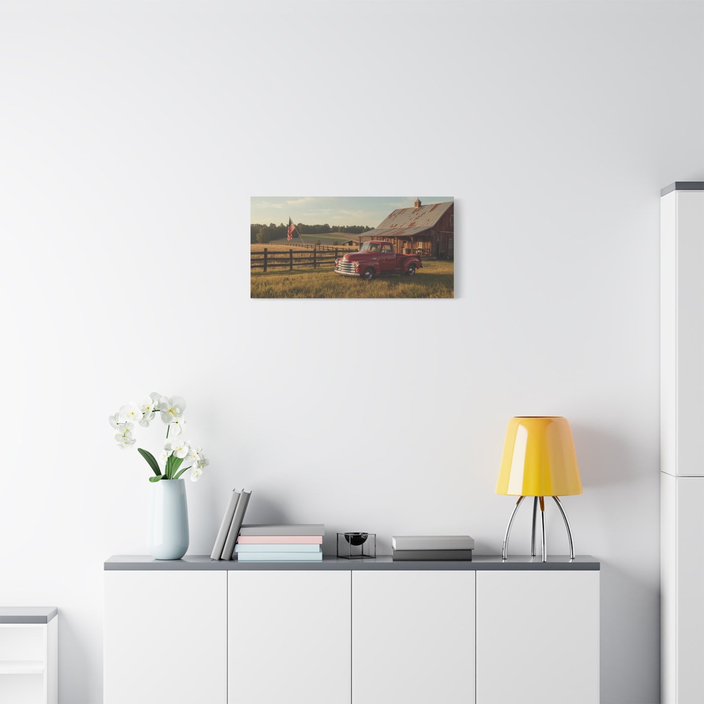 Red Vintage Pickup Truck Canvas Wall Art - Rustic Barn, American Flag Farm Landscape - Country Art Print, Traditional Style - Living Room Wall Decor, Office Art Accent - Modern Farmhouse Style