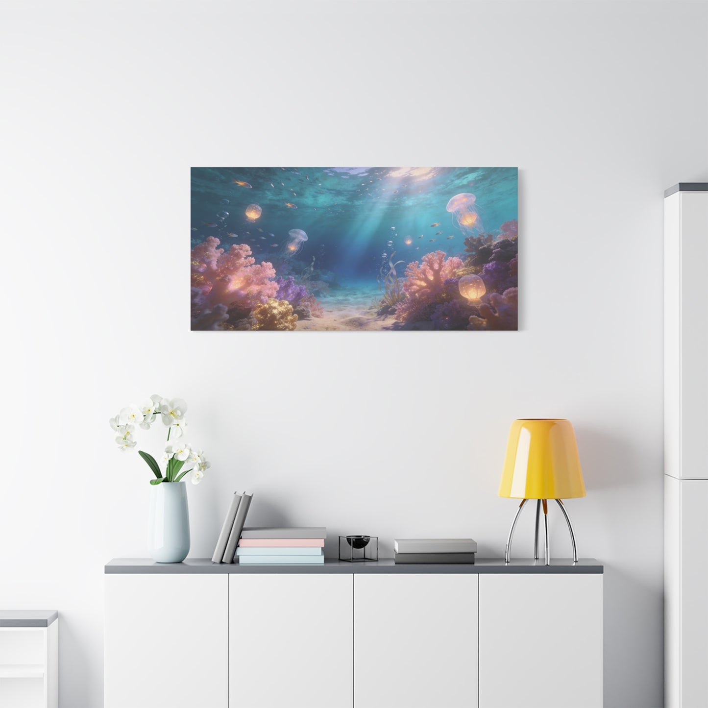 Underwater Jellyfish Canvas Wall Art - Glowing Coral Reef Ocean Scene, Dreamy Seascape Canvas Print - Contemporary Coastal Style - Living Room Wall Decor, Bedroom Home Decoration - Ready to Hang