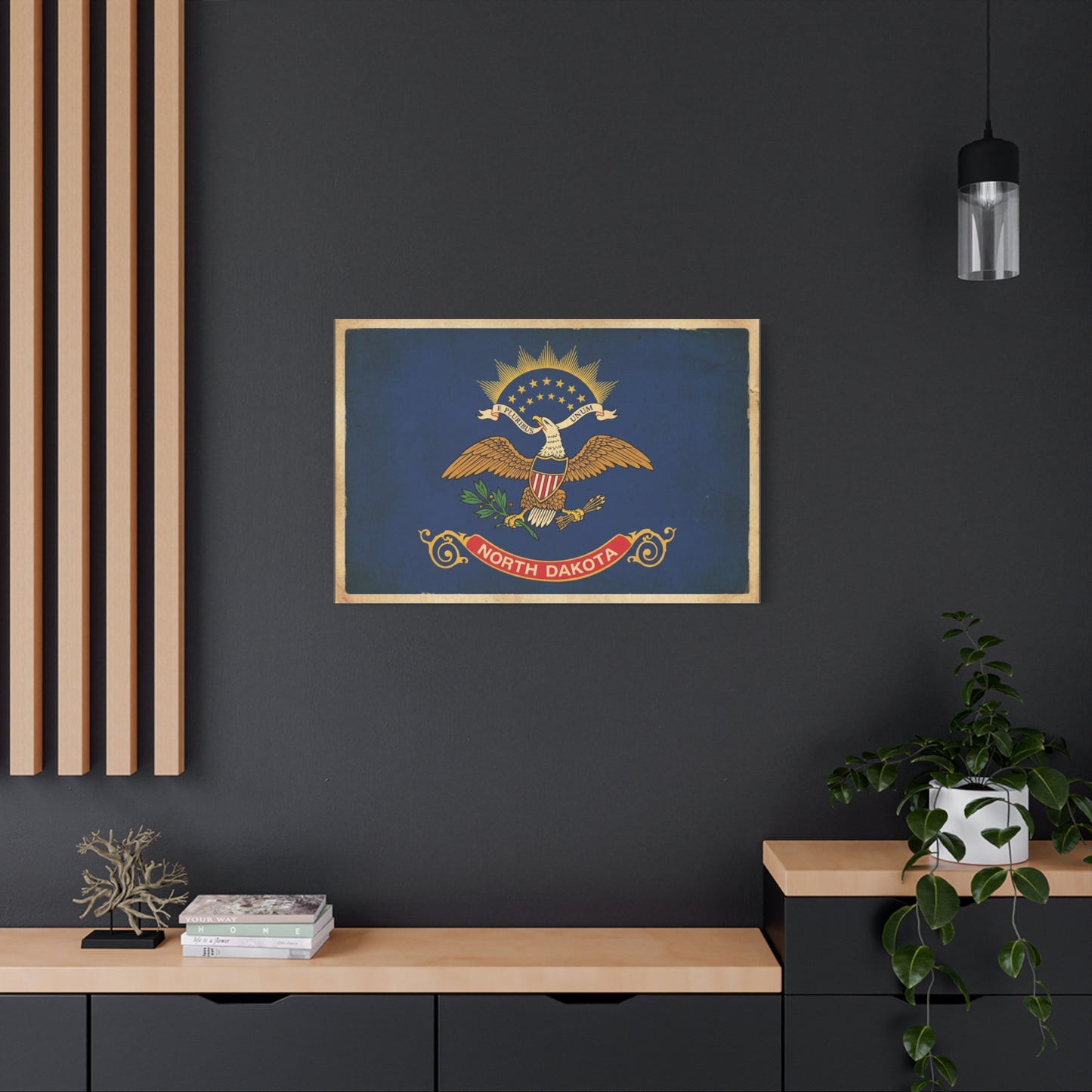 North Dakota Flag Canvas Wall Art - E Pluribus Unum Vintage State Banner Print - Patriotic Blue Eagle Emblem Decor - Rustic Americana Style - Ready to Hang - Living Room Wall Decor - Ready to Hang