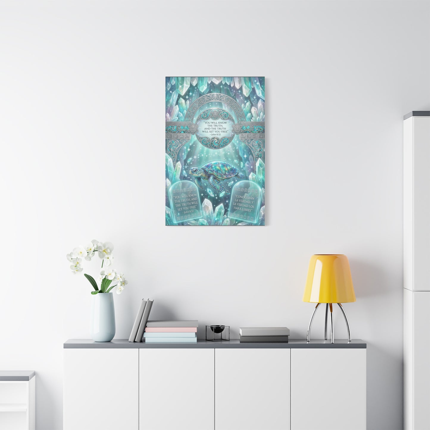 "You Will Know The Truth, And The Truth Will Set You Free" Sea Turtle Canvas Wall Art - John 8:32 Scripture Decor, Crystal Ocean Fantasy Style, Bedroom Wall Hanging, Meditation Space - Ready to Hang