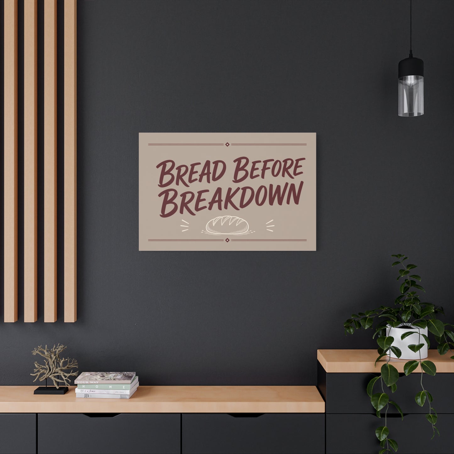 "Bread Before Breakdown" Funny Canvas Wall Art - Bread Loaf Typography Print, Rustic Farmhouse Food Decor - Beige Brown Minimalist Wall Hanging - Ready to Hang - Sandwich Shop Sign - Diner Decor