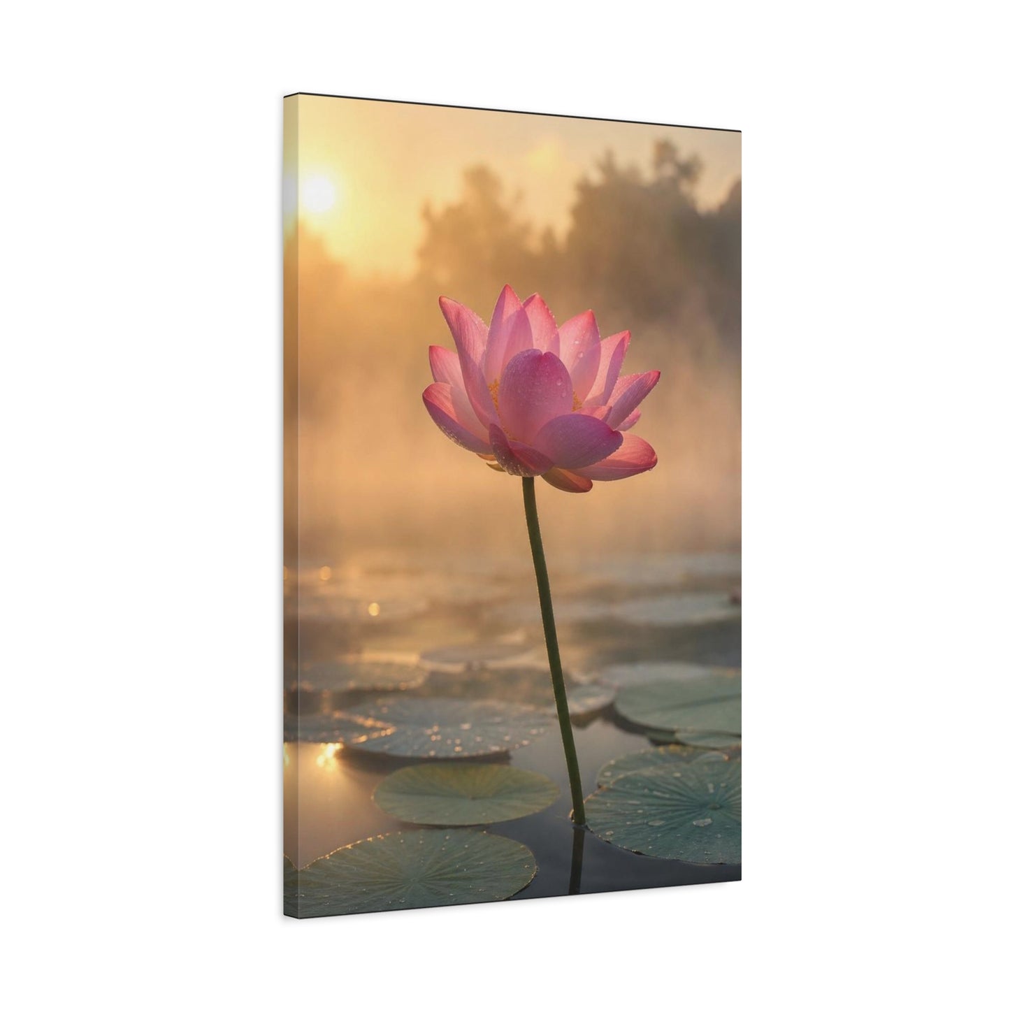 Pink Lotus Canvas Wall Art - Serene Water Lily Sunrise Floral Print - Soft Golden Light, Matte Canvas Print - Bedroom Wall Decor, Bathroom Home Decoration, Zen Meditation Space - Cozy Reading Nook Art