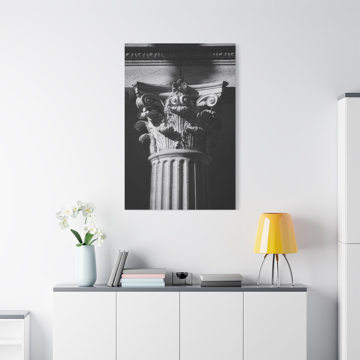 Black And White Corinthian Column Canvas Wall Art - Architectural Art Print, Dramatic Light, Matte Cotton Decor - Modern Minimalist Living Room Wall Decor, Office Art - Bedroom Home Decoration