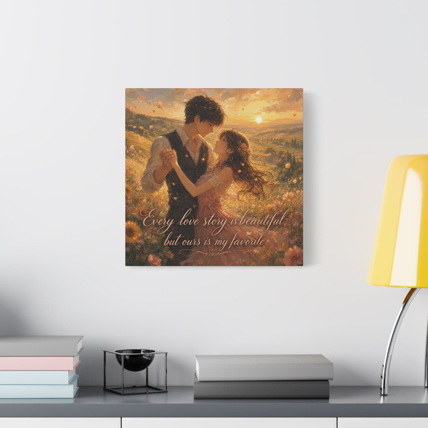 "Every Love Story Is Beautiful, But Ours Is My Favorite" Romantic Couple Canvas Wall Art - Golden Sunset Wildflower Field - Dreamy Rustic Style - Bedroom Wall Decor - Ready to Hang - Ready to Hang