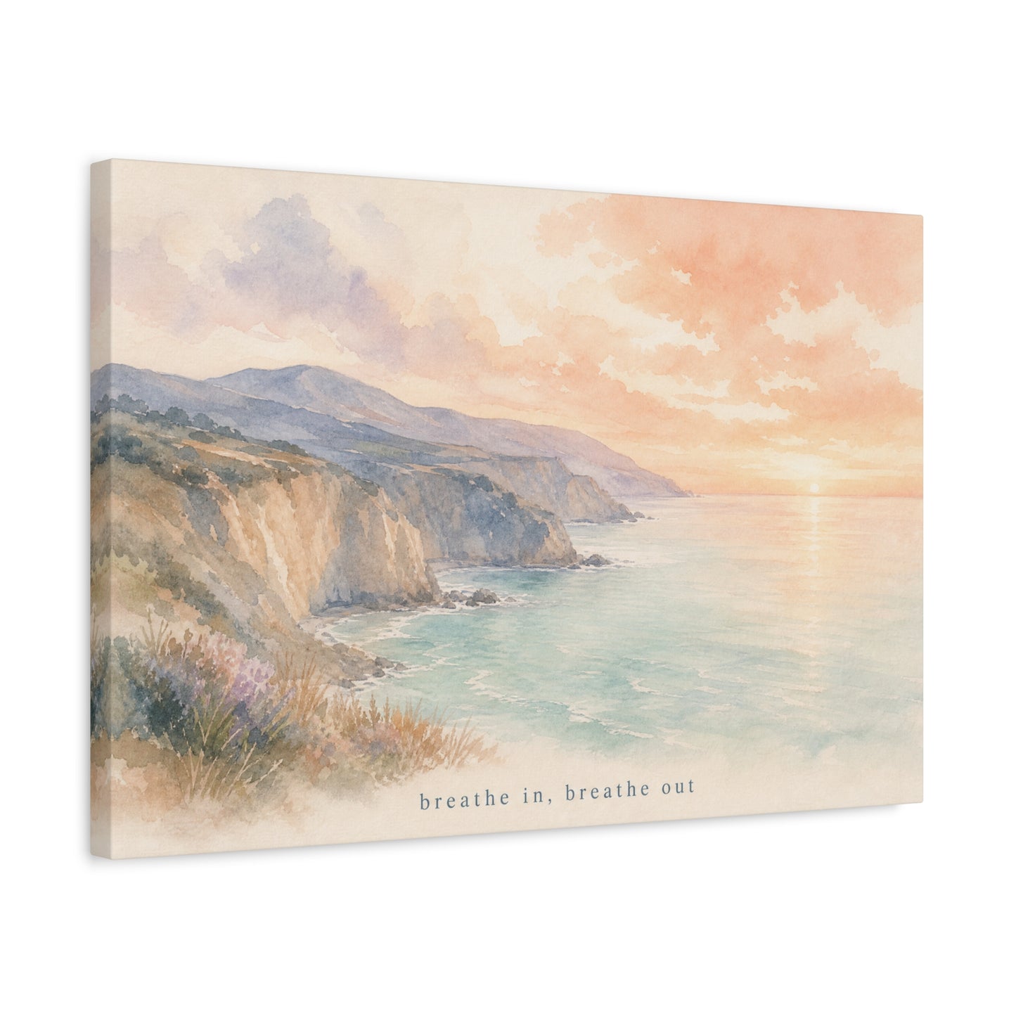 "Breathe In, Breathe Out" Coastal Sunset Canvas Wall Art - Watercolor Cliff Seascape, Jellyfish Room Decor, Serene Beach Landscape Print - Bedroom Home Decoration, Meditation Space - Office Wall Art