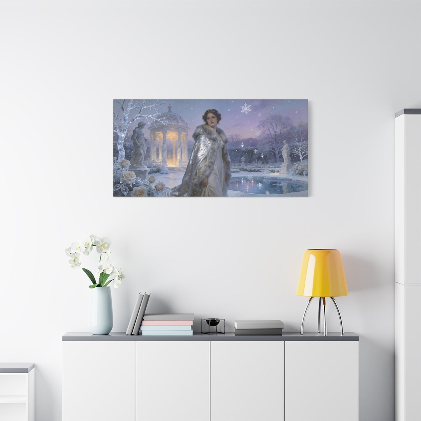 Winter Garden Woman Canvas Wall Art - Snowy Pavilion, Frosted Roses, Classical Statues - Ethereal Traditional Painting - Bedroom Wall Decor, Living Room Home Accent - Bedroom Home Decoration