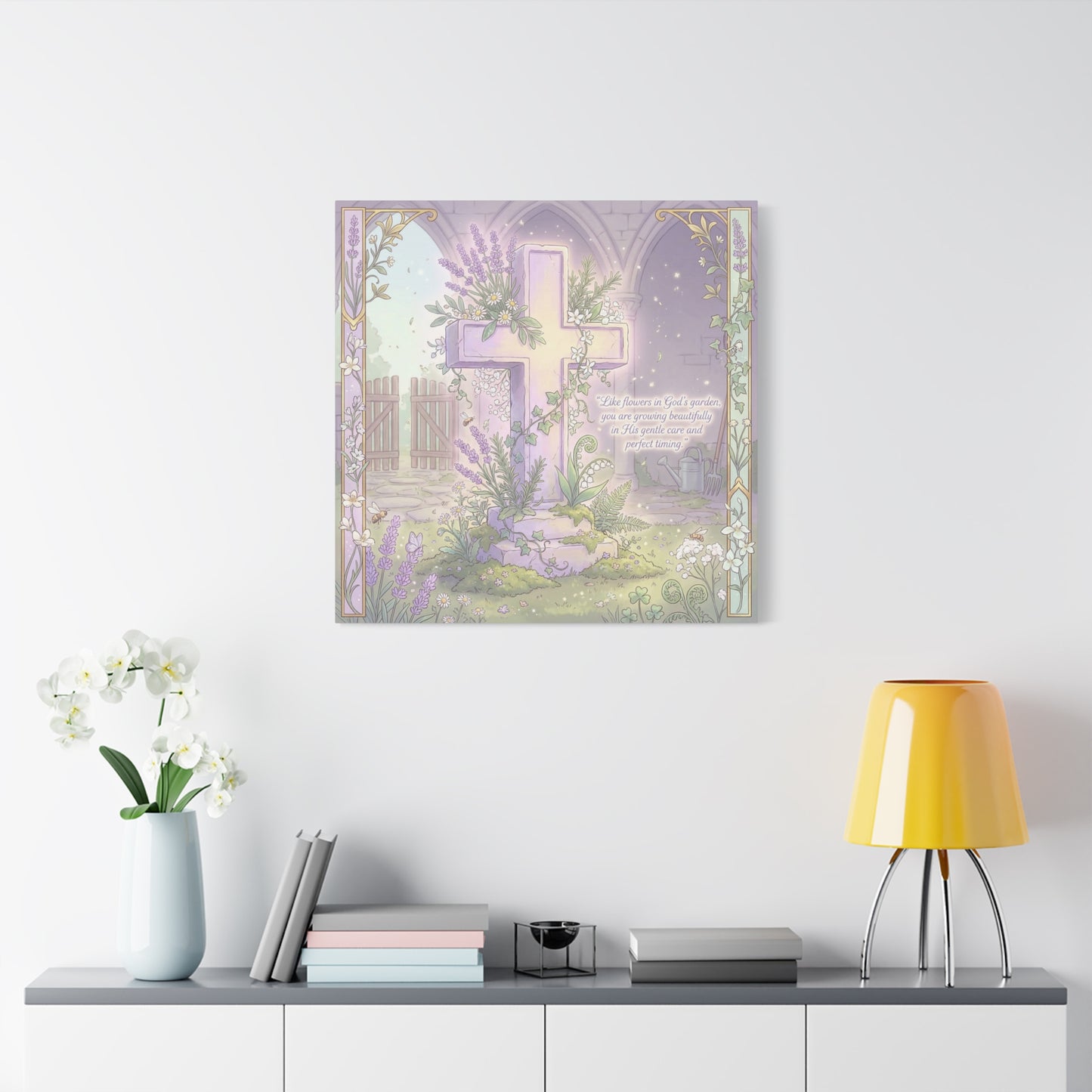 "Like Flowers In God's Garden, You Are Growing Beautifully" Christian Canvas Wall Art - Floral Cross Scripture Decor - Lavender Garden Illustration - Bedroom Home Decoration, Living Room Accent