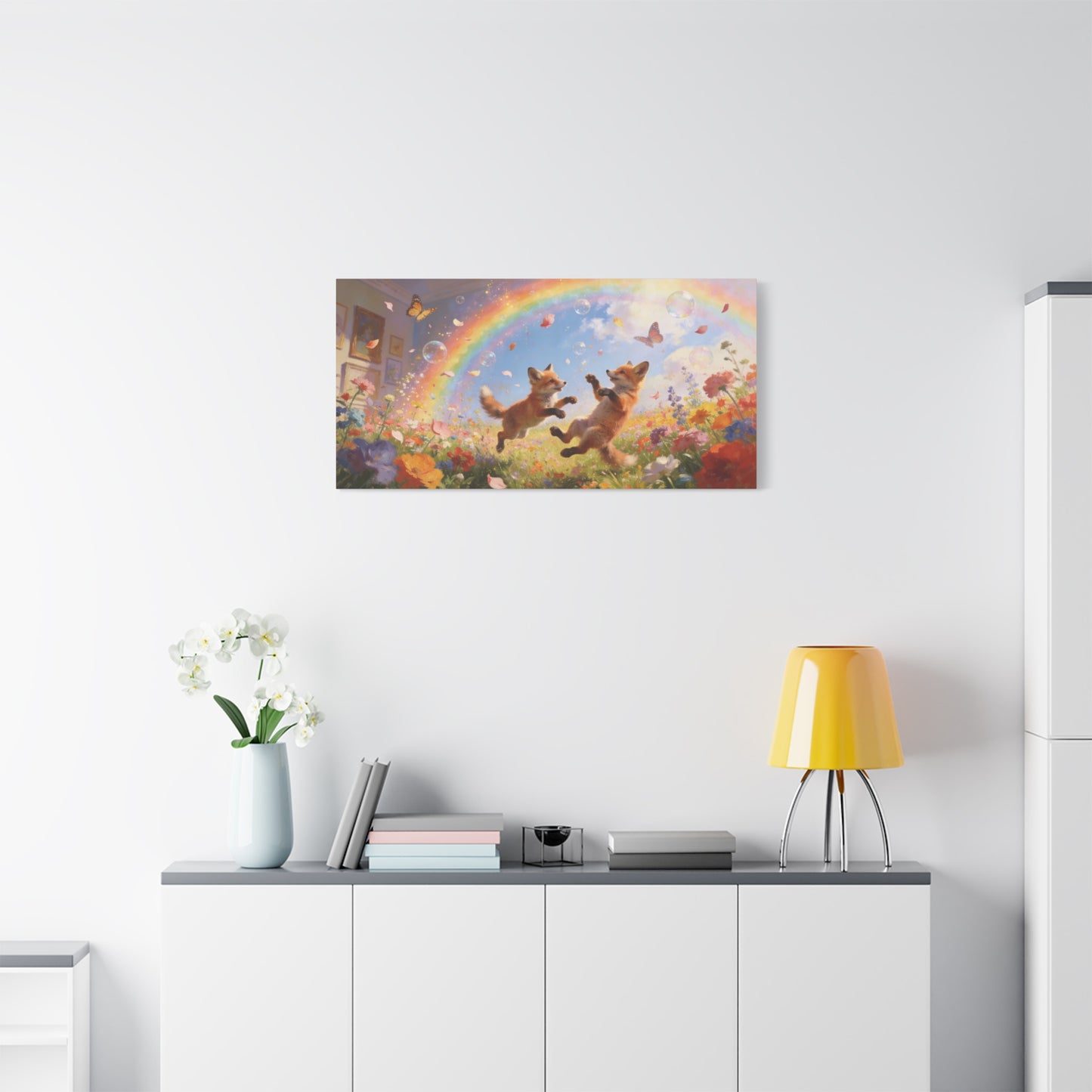 Fox Cub Canvas Wall Art - Whimsical Rainbow Meadow Painting, Butterflies And Wildflowers - Matte Canvas Print - Bohemian Nursery Wall Hanging, Bedroom Home Decoration Accent - Bedroom Home Decoration