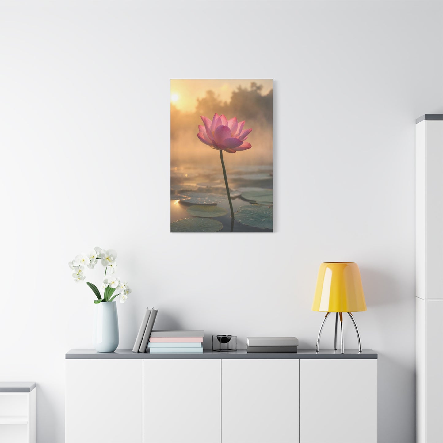 Pink Lotus Canvas Wall Art - Serene Water Lily Sunrise Floral Print - Soft Golden Light, Matte Canvas Print - Bedroom Wall Decor, Bathroom Home Decoration, Zen Meditation Space - Cozy Reading Nook Art