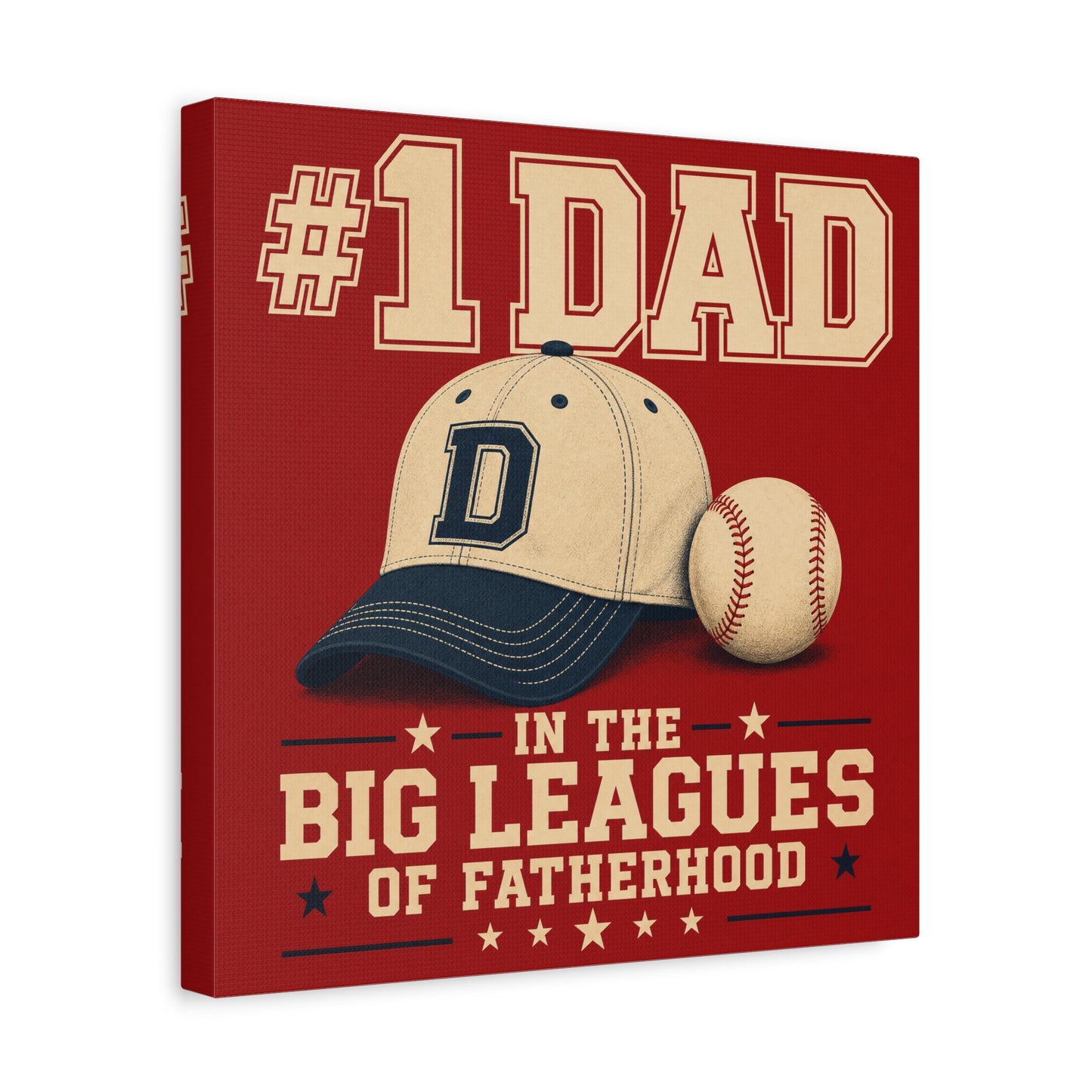 "#1 Dad In The Big Leagues Of Fatherhood" Baseball Canvas Wall Art - Vintage Sports Typography, Cap And Ball Illustration - Rustic Americana Style - Living Room Wall Decor - Bedroom Home Decoration