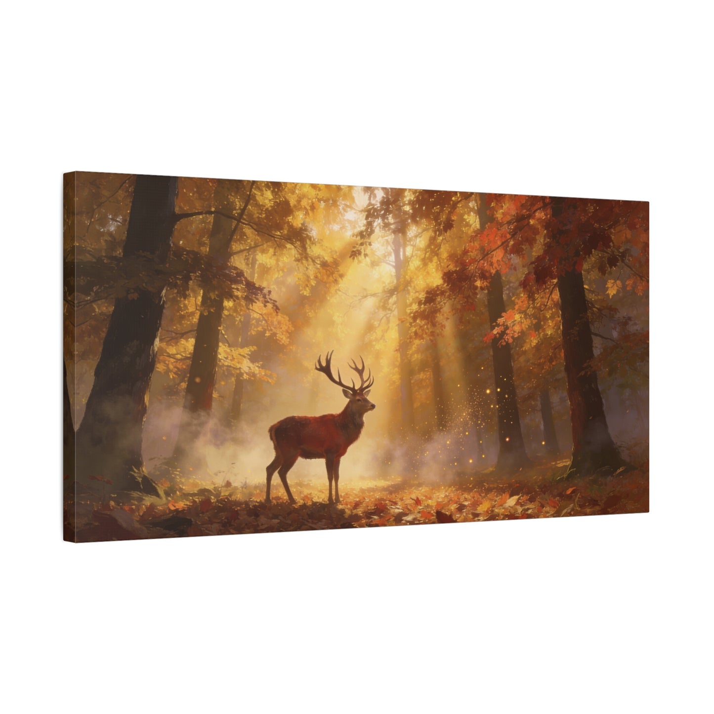 Stag Forest Canvas Wall Art - Golden Sunbeams, Misty Autumn Woodland - Matte Canvas Print - Rustic Nature Style - Living Room Wall Decor, Bedroom Home Decoration, Office Art - Bedroom Home Decoration