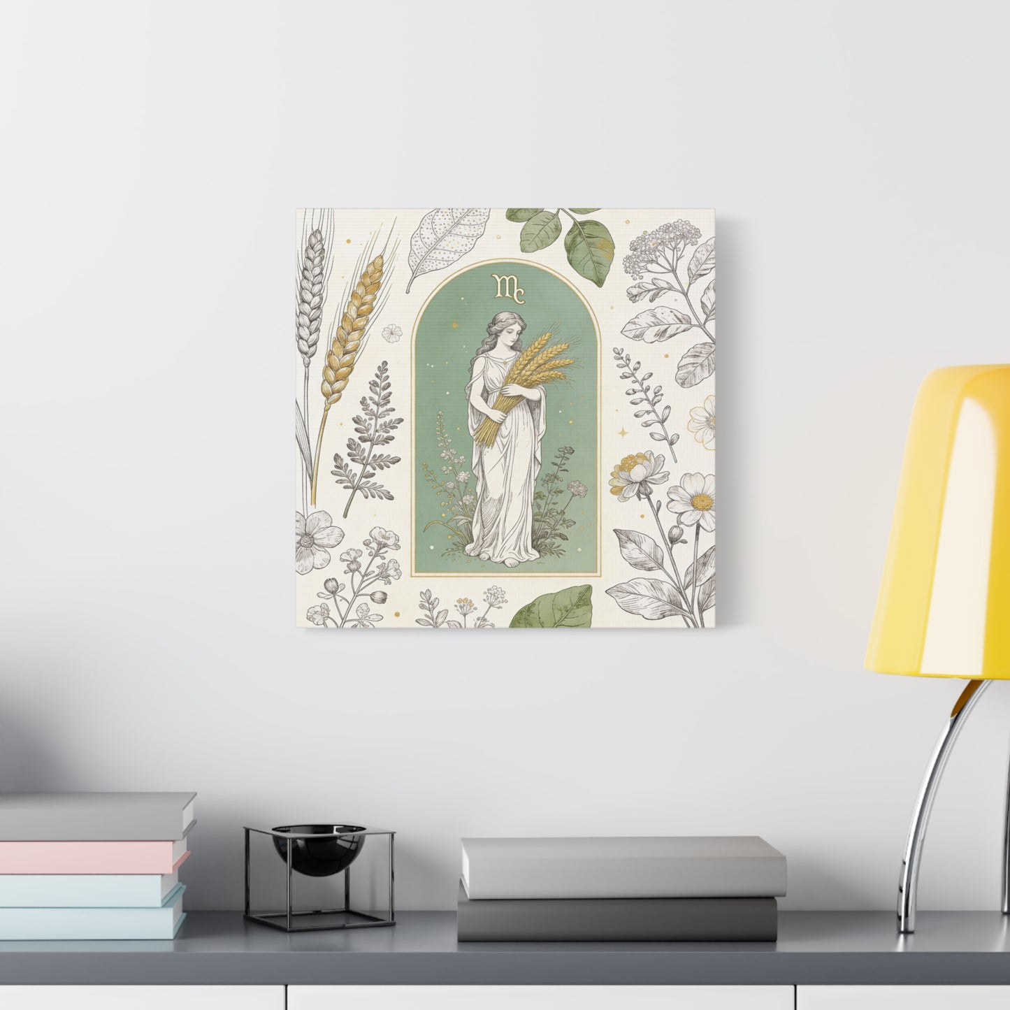 Virgo Zodiac Canvas Wall Art - Botanical Maiden Holding Wheat, Celestial Illustration - Sage Green Gold Cotton Print - Vintage Astrology Decor, Bedroom Wall Hanging Accent - Bedroom Home Decoration
