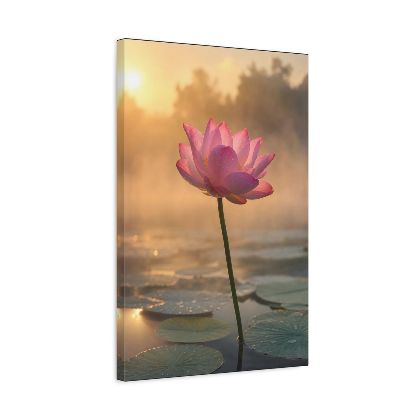 Pink Lotus Canvas Wall Art - Serene Water Lily Sunrise Floral Print - Soft Golden Light, Matte Canvas Print - Bedroom Wall Decor, Bathroom Home Decoration, Zen Meditation Space - Cozy Reading Nook Art