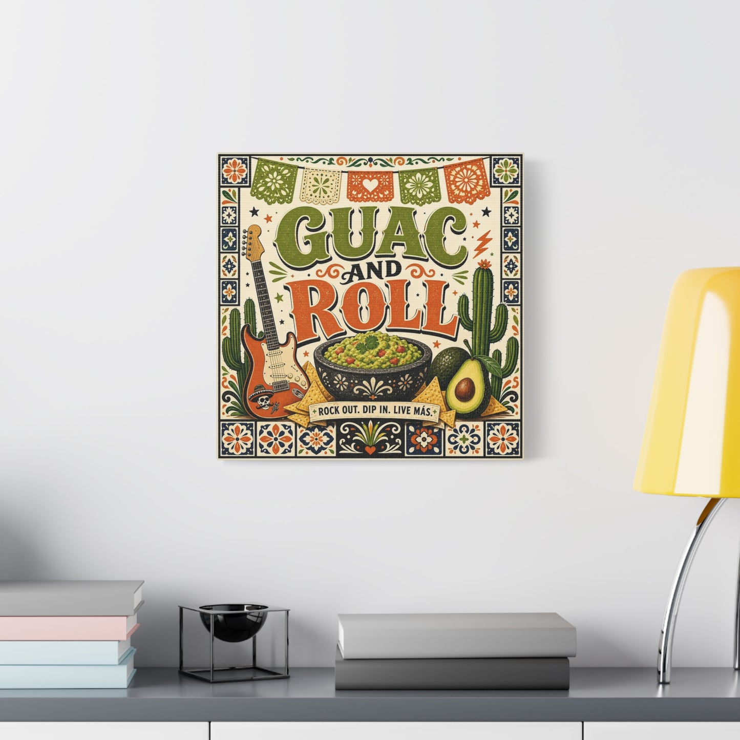 "Guac And Roll" Typography Canvas Wall Art - Fiesta Guitar, Cactus, Avocado Folk Illustration - Bohemian Rustic Style - Kitchen Wall Decor, Dining Room Accent, Cafe Wall Decor - Modern Farmhouse Style