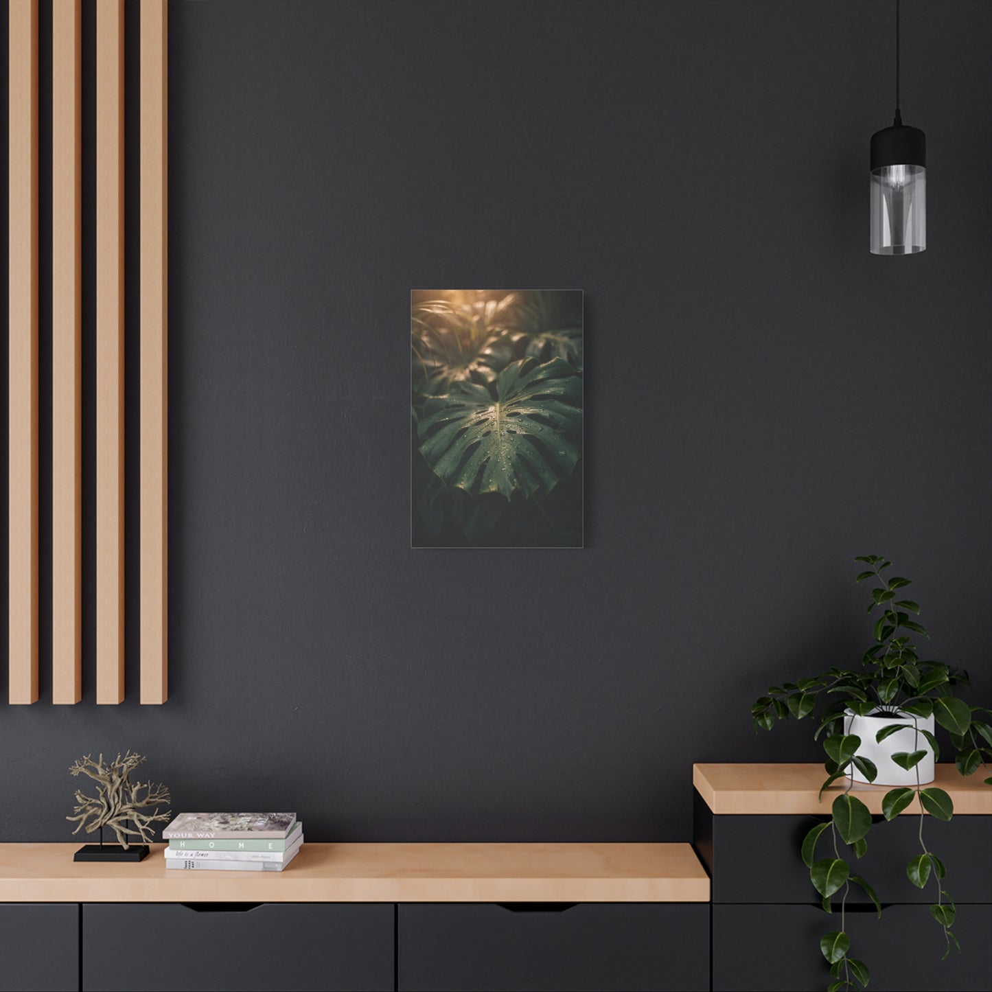 Monstera Leaf Canvas Wall Art - Tropical Botanical Art Print, Moody Green Foliage - Matte Cotton Canvas Print - Bedroom Wall Decor, Bathroom Home Decoration, Spa Style Accent - Cozy Reading Nook Art