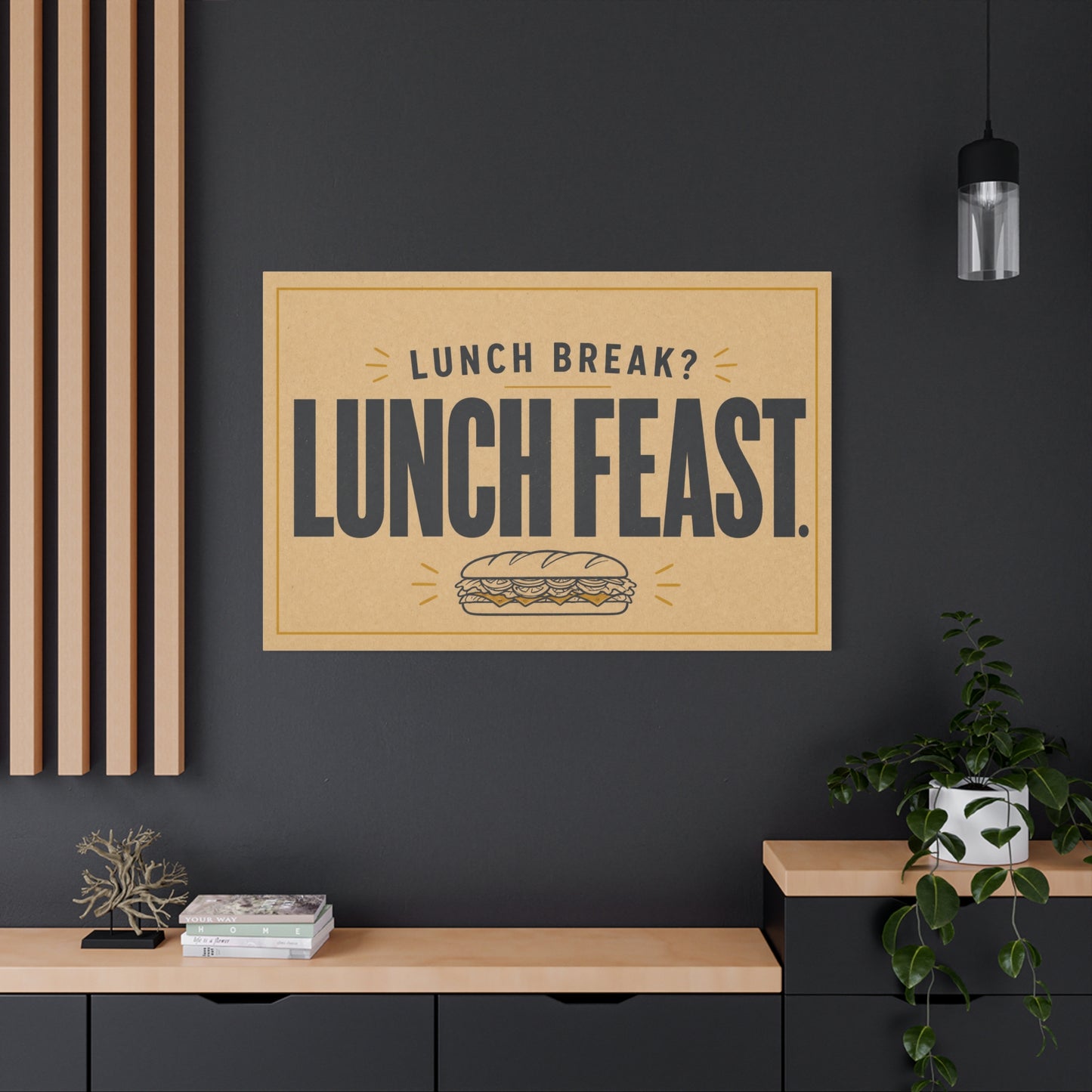 "Lunch Break Lunch Feast." Typography Canvas Wall Art - Vintage Humor Decor - Retro Deli Sandwich Illustration - Farmhouse Accent - Office Breakroom Wall Hanging - Ready to Hang - Sandwich Shop Sign