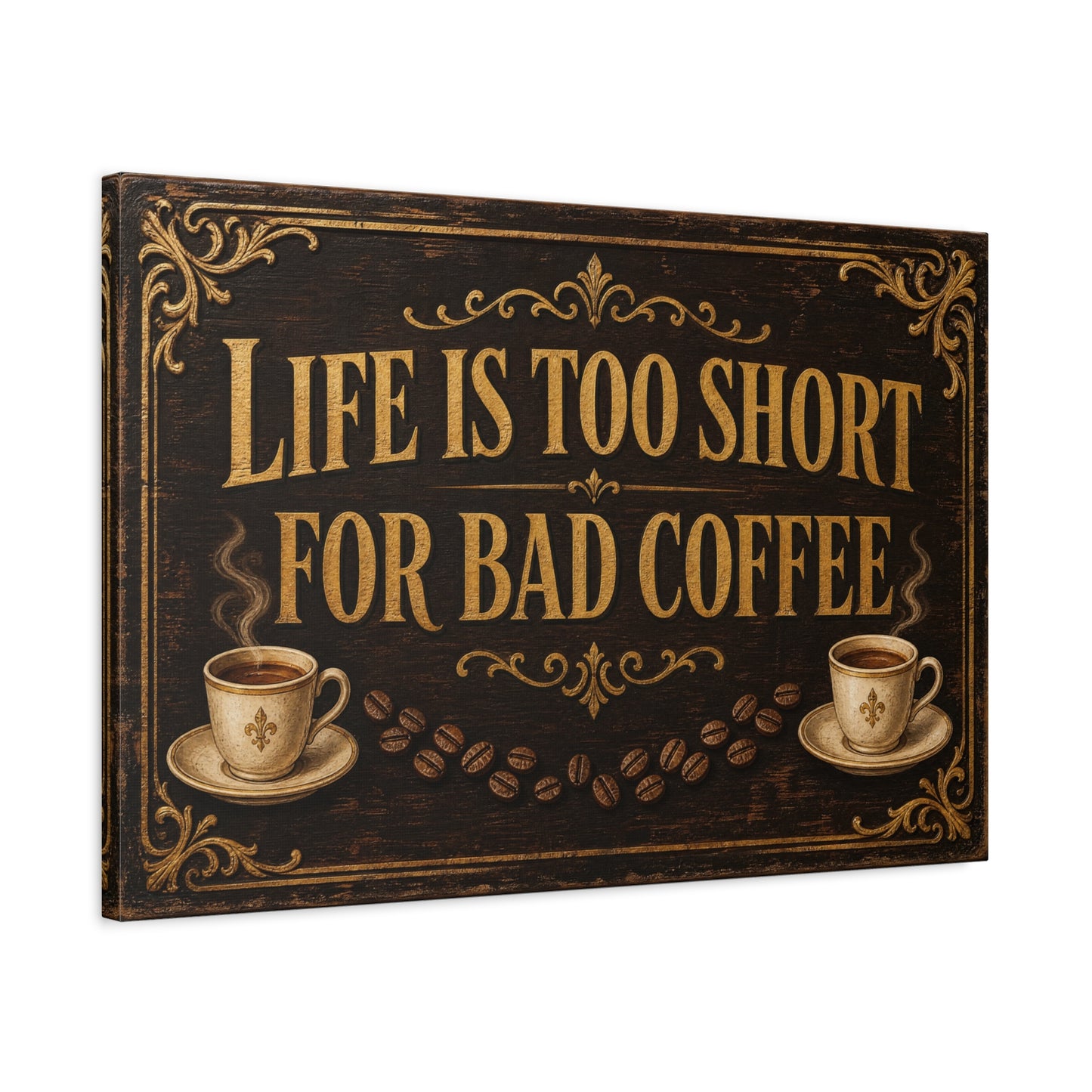 "Life Is Too Short For Bad Coffee" Canvas Wall Art - Vintage Coffee Quote Decor, Rustic Brown Typography Print, Farmhouse Cafe Wall Hanging - Ready to Hang - Bistro Decor - Espresso Bar Sign