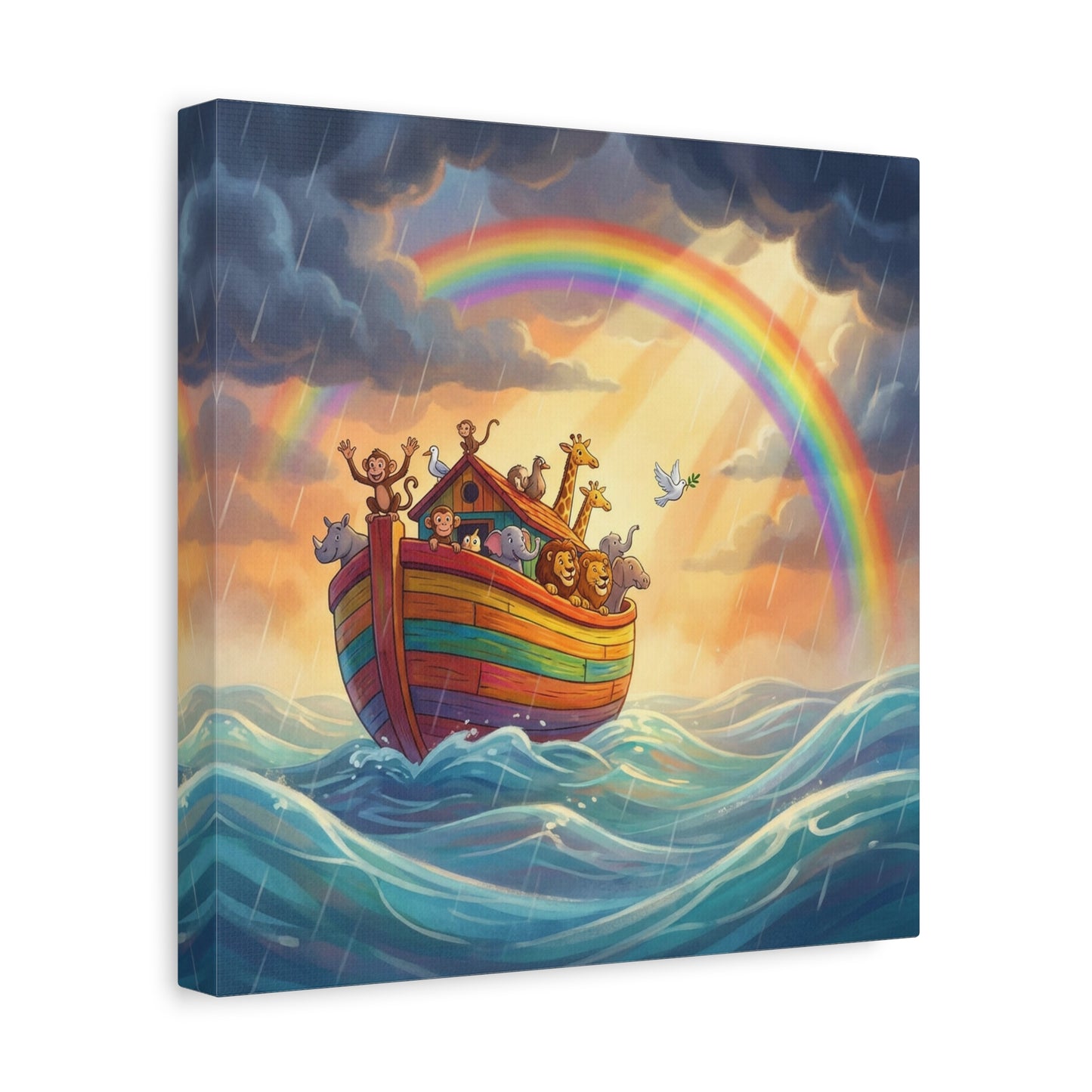 Noahs Ark Canvas Wall Art - Rainbow Animal Boat Nursery Decor - Cotton Canvas Print, Kids Bedroom Home Decoration, Playroom Wall Hanging, Biblical Story Illustration, Classroom Accent - Ready to Hang