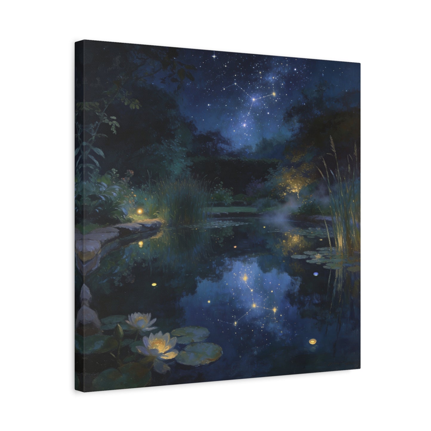 Starry Night Pond Canvas Wall Art - Moonlit Water Lilies, Celestial Reflection Landscape - Dreamy Matte Canvas Print - Traditional Nightscape Style - Living Room Wall Decor Bedroom Home Accent