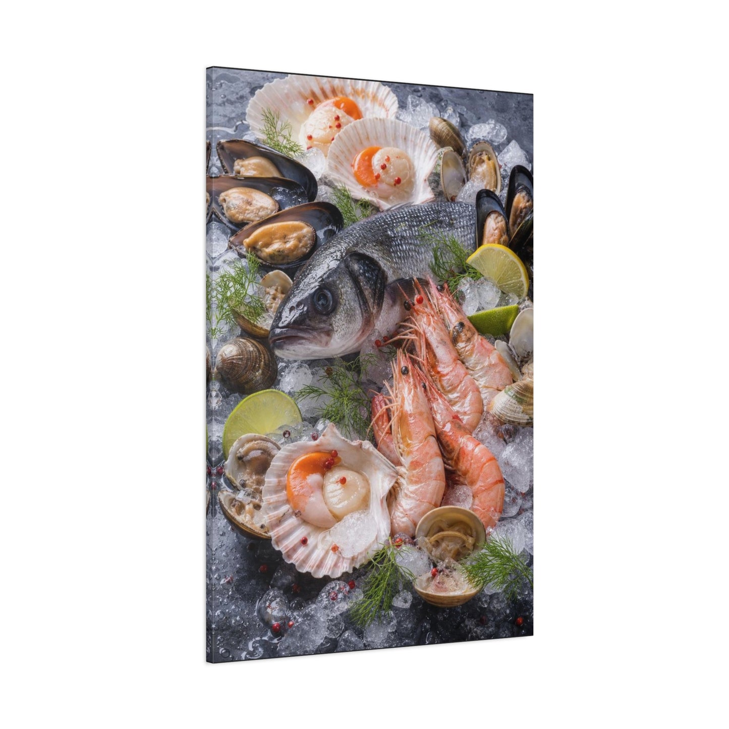 Seafood Still Life Canvas Wall Art - Fish, Shrimp, Scallops On Ice Food Print - Coastal Kitchen Decor, Dining Room Wall Decor, Contemporary Home Decoration, Matte Canvas Print - Modern Farmhouse Style