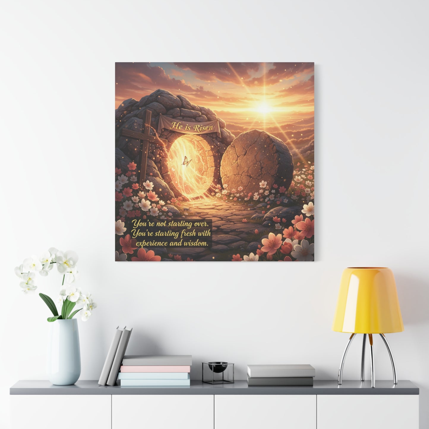 "He Is Risen" Christian Canvas Wall Art - Empty Tomb Cross Sunrise Scripture Print - Floral Faith Home Decoration - Modern Farmhouse Style