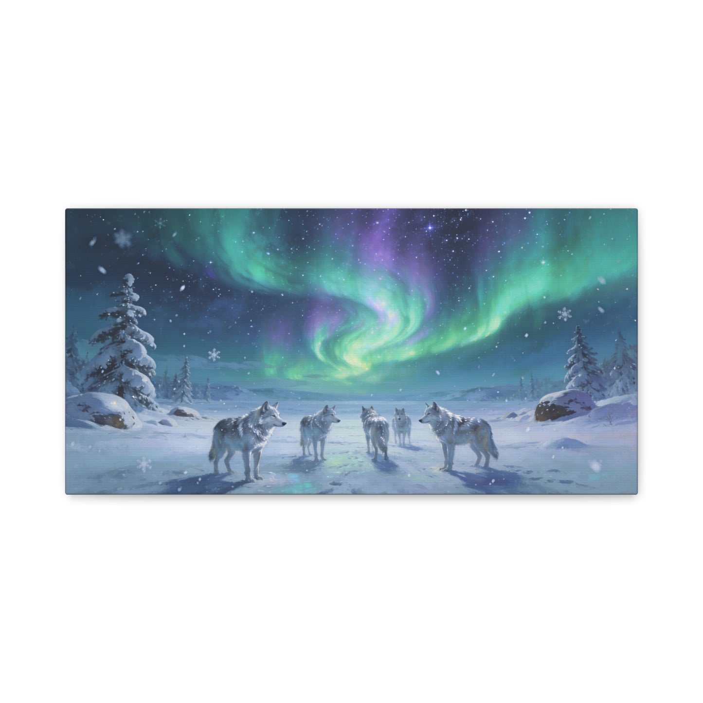 Arctic Wolf Pack Canvas Wall Art - Aurora Borealis Snowy Winter Landscape, Northern Lights Canvas Print, Blue Green Purple Sky, Living Room Wall Decor, Bedroom Home Decoration - Modern Farmhouse Style