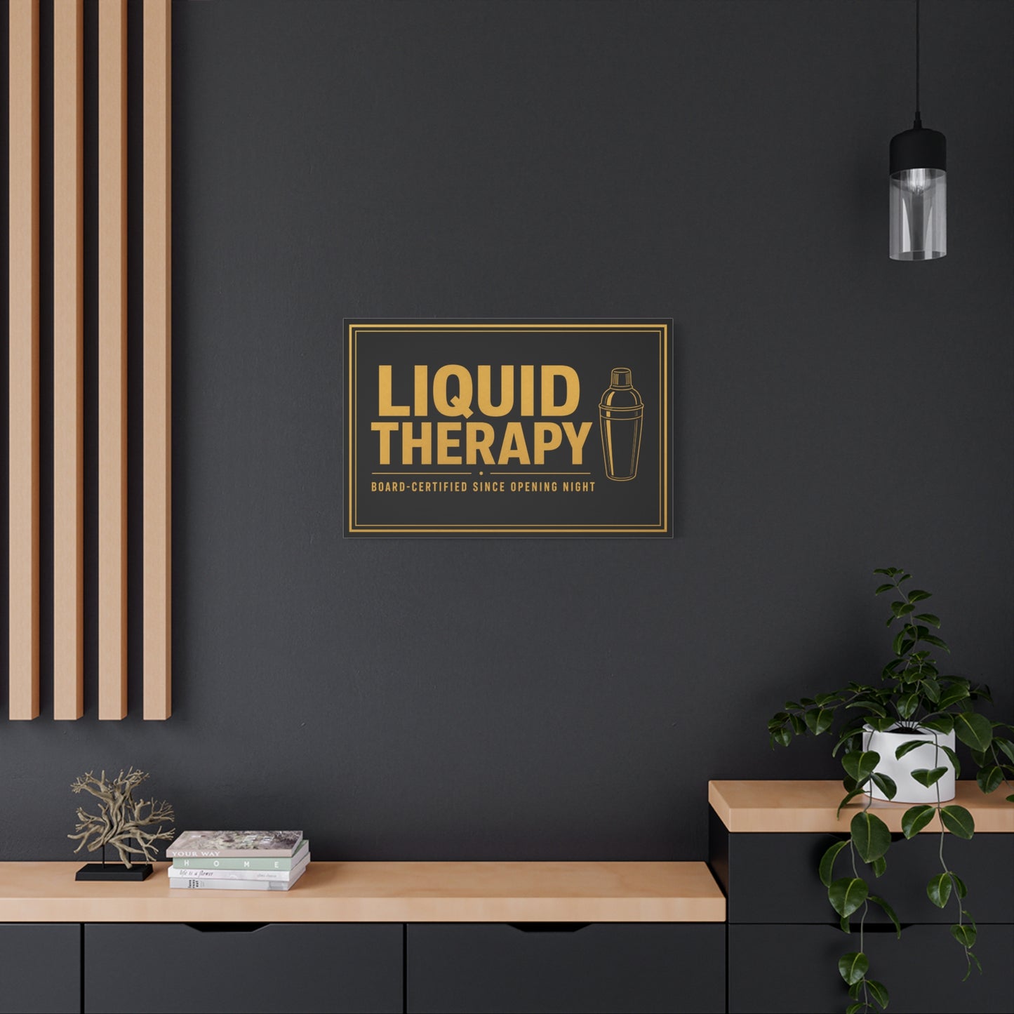 "Liquid Therapy" Cocktail Canvas Wall Art - Board-Certified Since Opening Night Bar Quote Print, Black And Gold Typography, Modern Lounge Decor - Pub Wall Art - Cocktail Lounge Decor - Ready to Hang