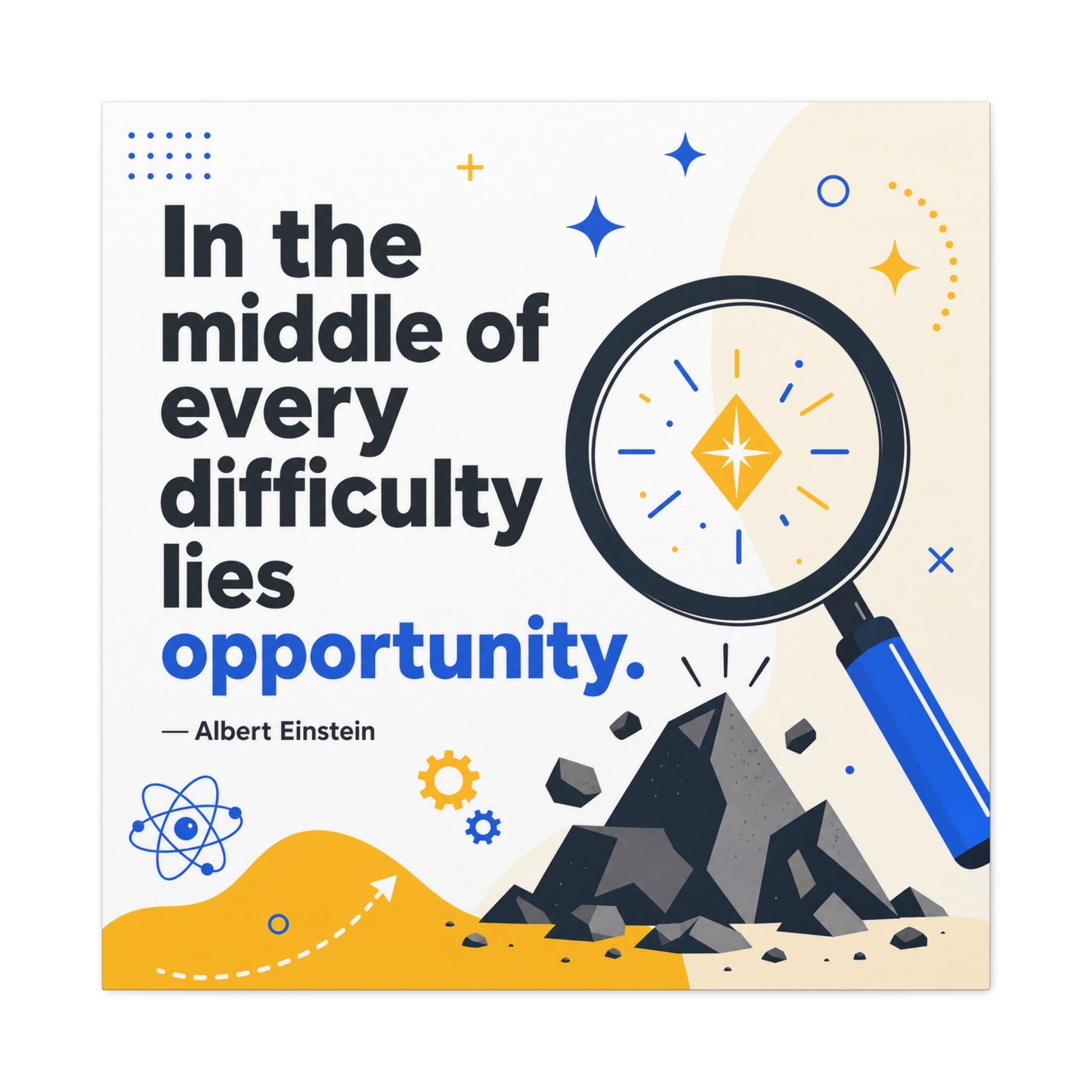 "In The Middle Of Every Difficulty Lies Opportunity." Einstein Canvas Wall Art - Motivational Quote Print, Blue Yellow Modern Typography, Office Decor, Classroom Inspiration, Study Room Accent