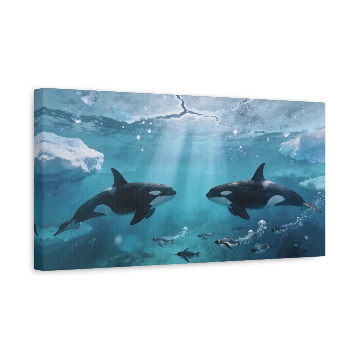 Orca Whale Canvas Wall Art - Arctic Ocean Underwater Scene, Penguins, Sea Ice - Coastal Wildlife Decor - Matte Canvas Print - Living Room Wall Decor, Bedroom Home Decoration - Bedroom Home Decoration